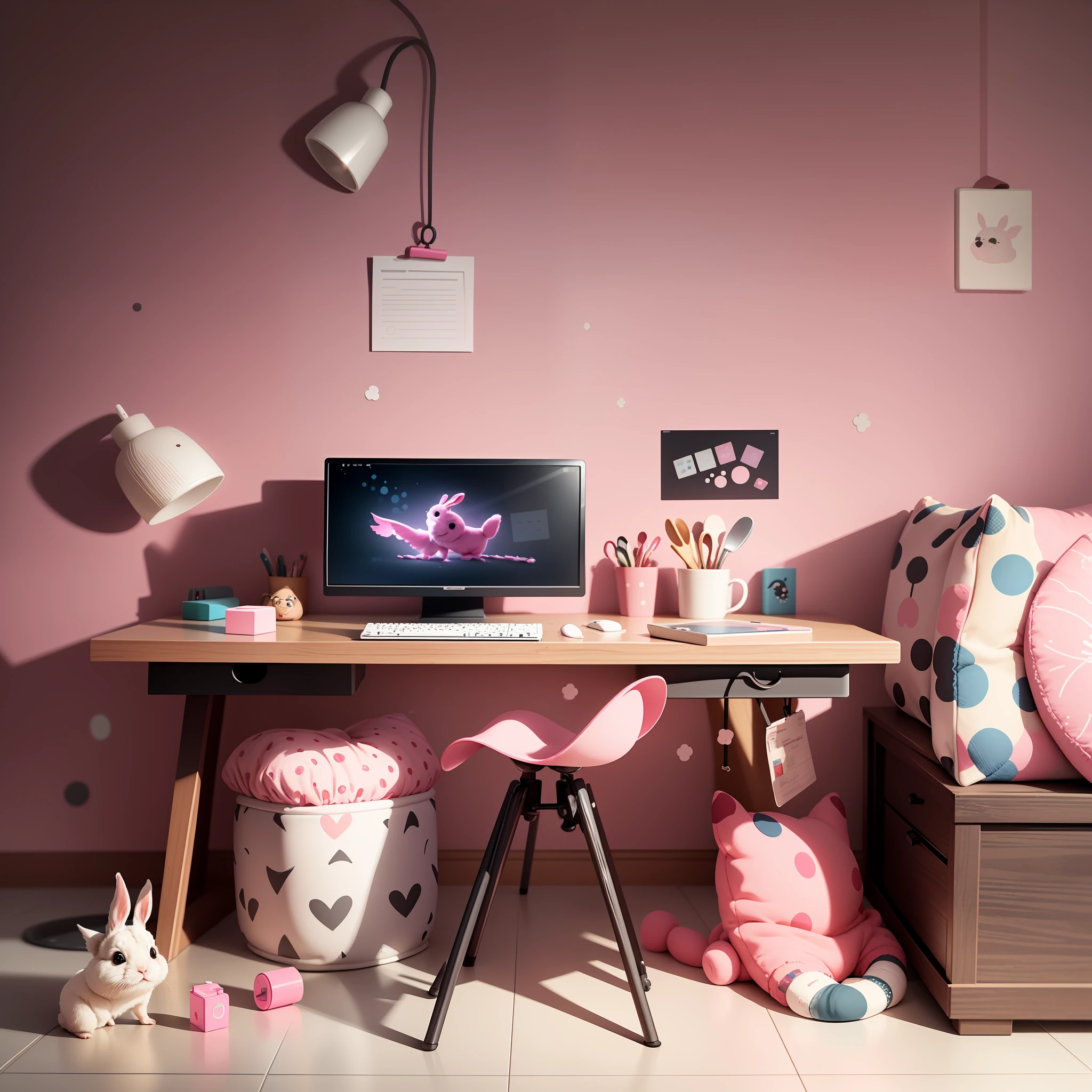 (Isometric Perspective: 1.5), (Pixar Style: 1.2), Room, Mural 3D, Disney, Panoramic Photo, White Background, Pink and Black Gliation Background, Global Illumination, Ray Tracing, Modeling, HDR, Octane Rendering, Unreal Rendering, Behans, Dribbling, Art Station, Best Quality, 8k, Pink and black gaming PC, cute desk, pink children's chair, pink and black rabbit print wallpaper, medicine box with pink contents, strawberry pattern floor, kitchen knife falling on floor, midnight, pink, black, messy, pink bed, pillow black, sloppy, falling ribbon