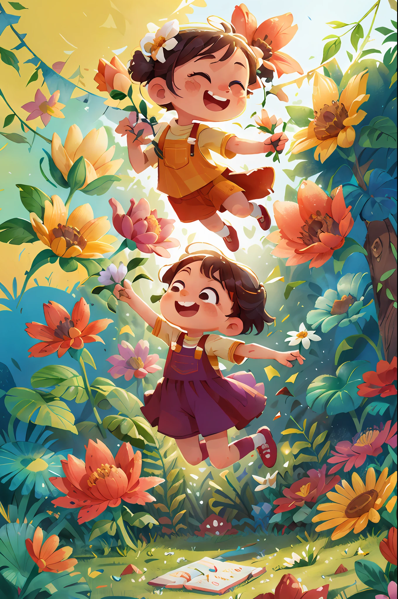 Poster making, Children's Day, in the garden, a  girl holding flowers, flowers floating in the air, happy, jumping, happy --v 6