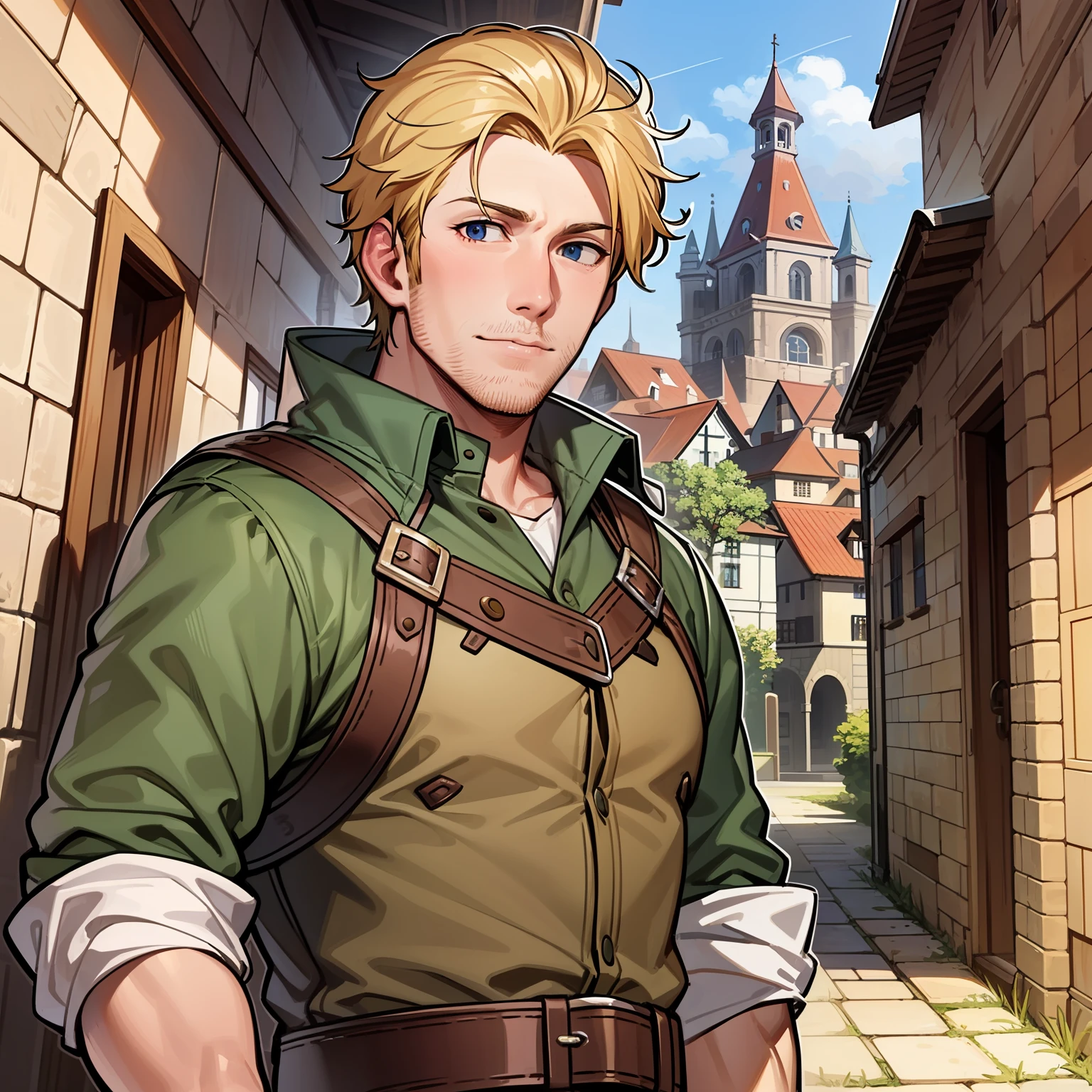 masterpiece, top quality, man, adventurer, 30 years old, stubble, medieval European, blonde