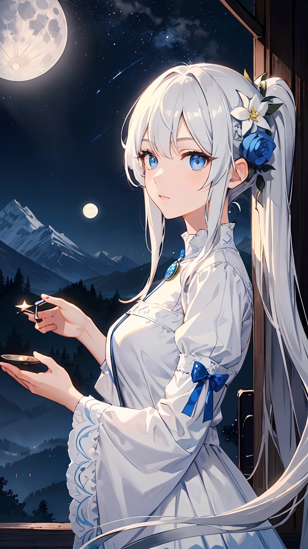 Wallpaper, highly detailed, best quality, 1girl, long white hair, blue eyes, highlighted eye, white dress with blue details, blue ornaments, white castle on top of mountain, night sky with full moon and stars, light coming from the moon,