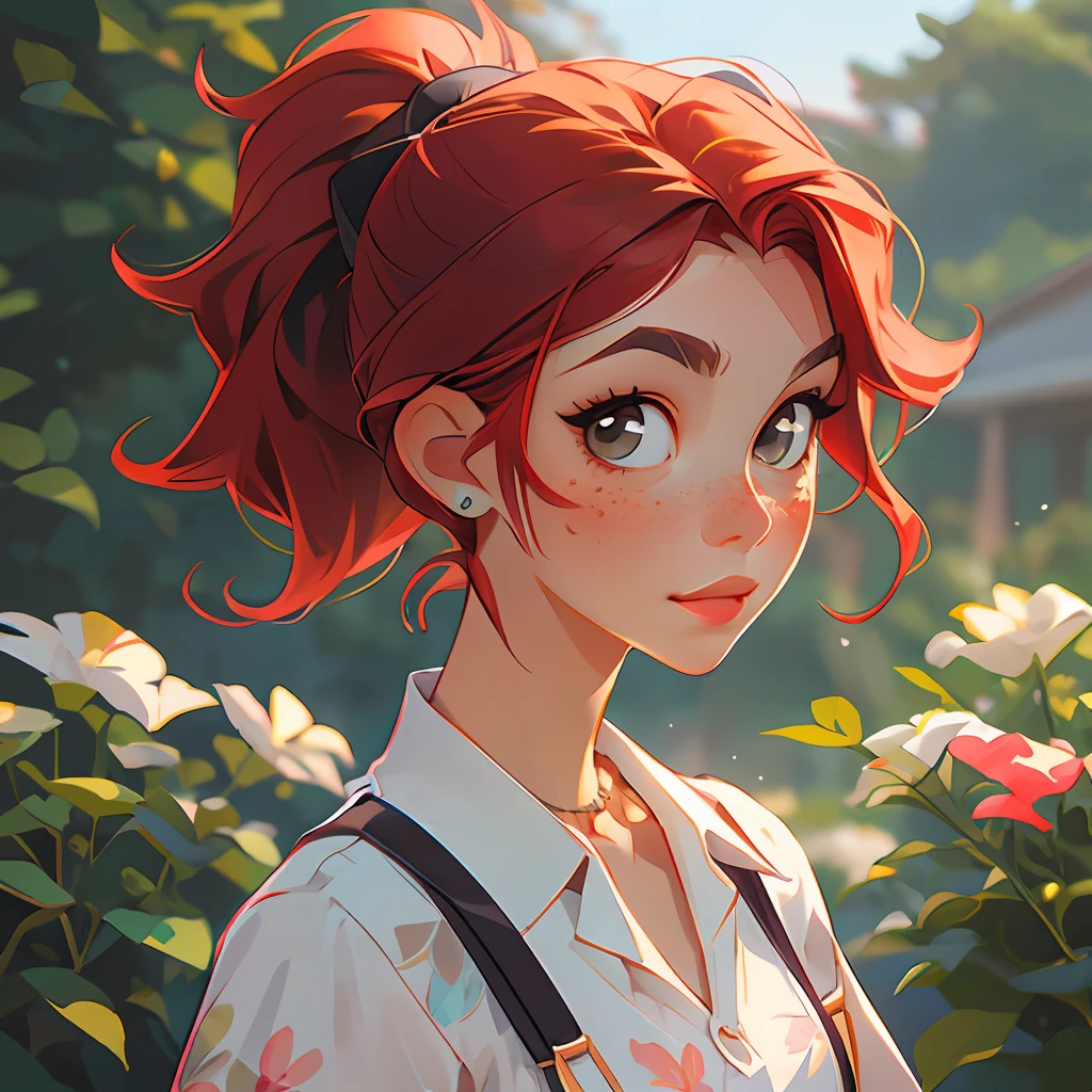 (masterpiece, best quality), 1girl, collarbone, wavy hair, looking at viewer, blurry, upper body, necklace, suspenders, floral print, ponytail, freckles, red hair, sunlight,