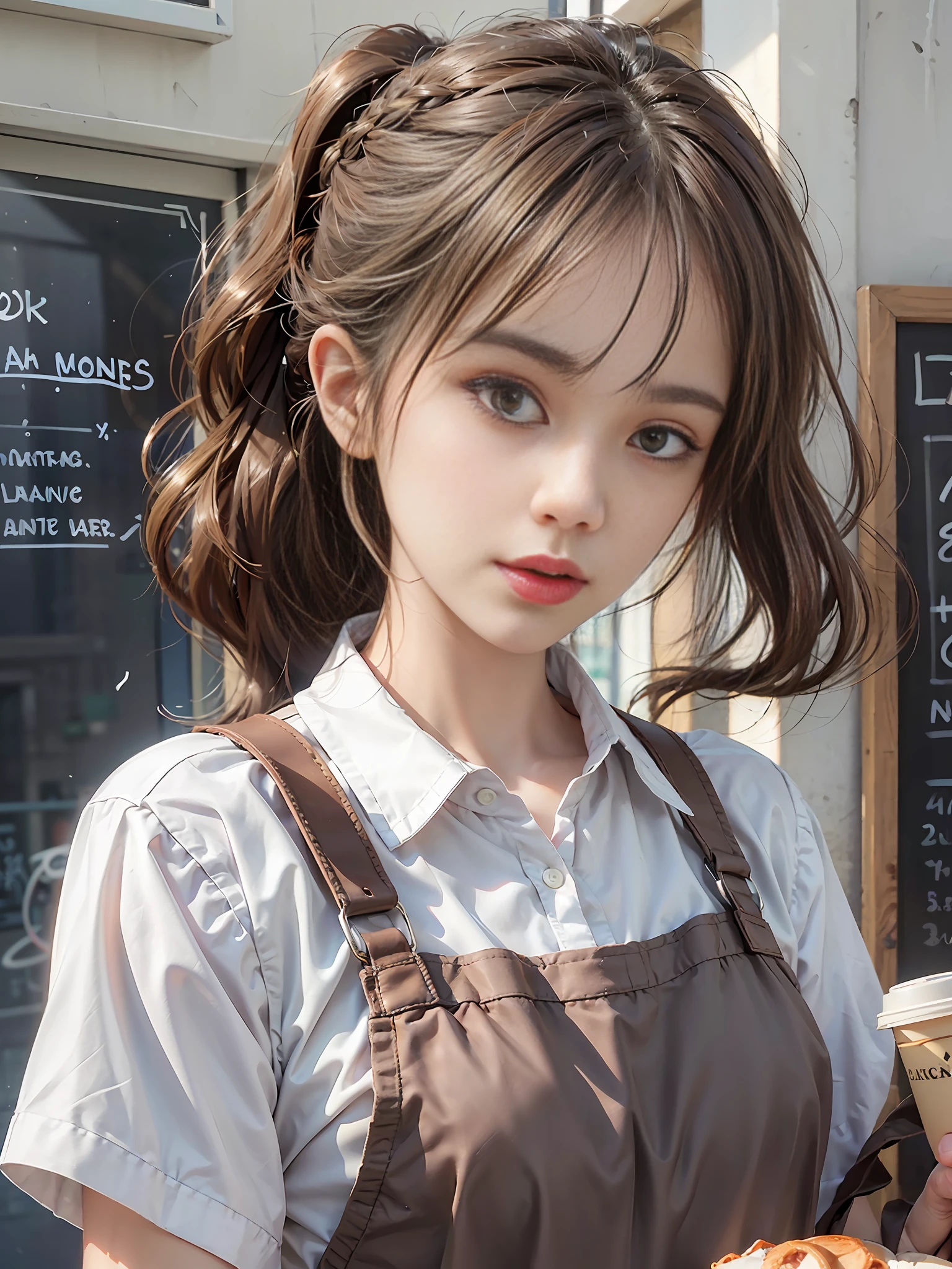 (Masterpiece: 1.3), (8k, Photorealistic, RAW Photo, Best Quality: 1.4), (1girl), Shallow depth of field, Face in focus, Soft Focus, Beautiful Face, (Backlight: 1.5), (Ambient: 1.3), (Realistic Face), (Black Hair, Medium Short: 1.3), Loose Wavy Hair, Short Bangs, Ponytail, Pigtail, braid, realistic eyes, dark brown eyes, highlights in pupils, beautiful detail eyes, (plenty of natural light), (realistic skin), beautiful skin, (blouse with white collar), (apron), (carrying tray), absurdity, attractive, ultra high resolution, ultra realistic, high definition, golden ratio, detailed café dining background, coffee cup, blackboard menu, Backlit from the back window, pale skylight with natural light, natural light lighting from diagonally in front of the face, (small head), (small), perfect anatomy