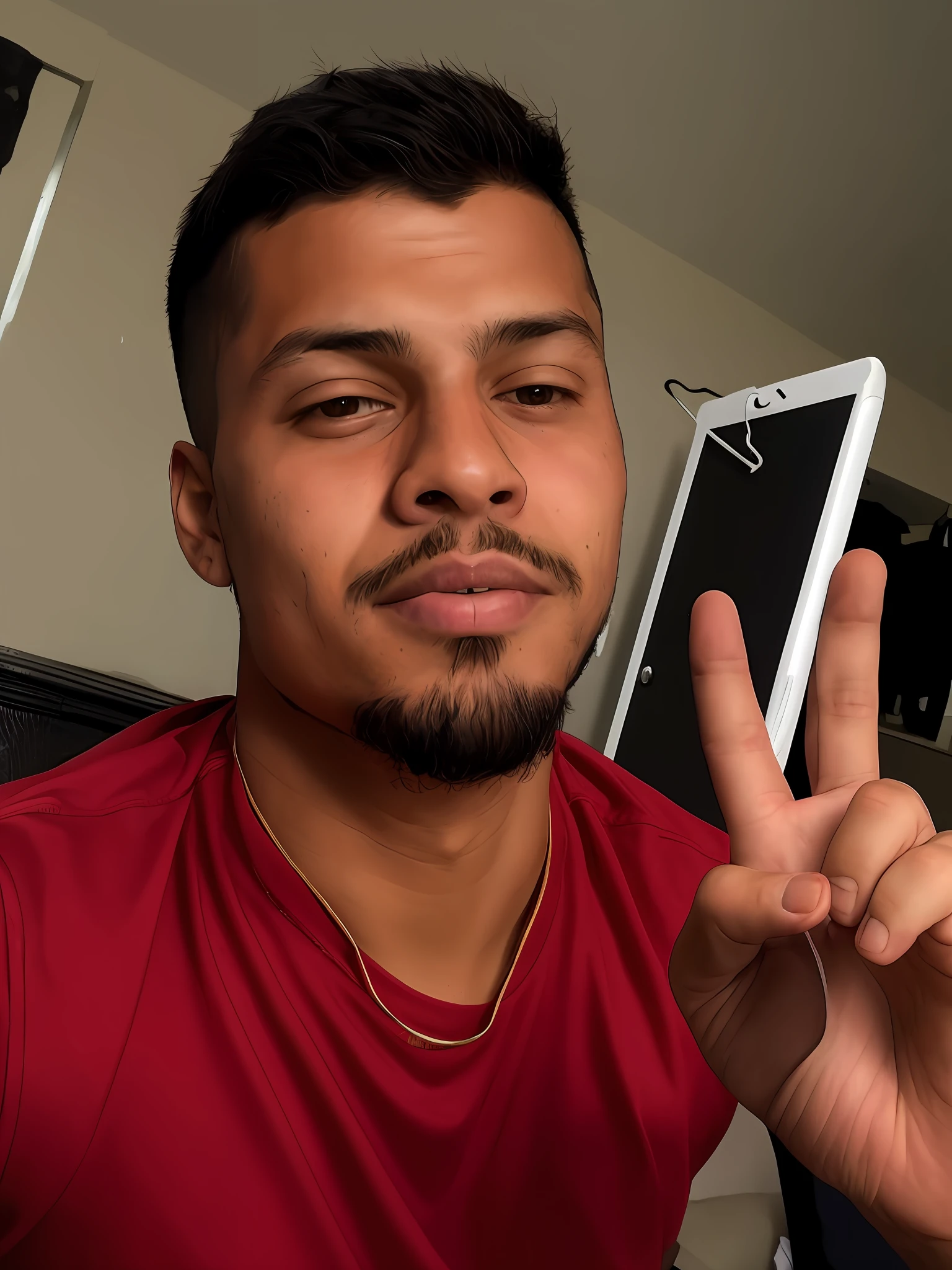 arafed man in a red shirt making a peace sign, frontal picture, caio santos, very very low quality picture, around 1 9 years old, 2 3 years old, very very low quality, low quality, clean brutal blooded face, ronaldo nazario fenomeno, 2 2 years old, 21 years old, very low quality, 2 4 years old