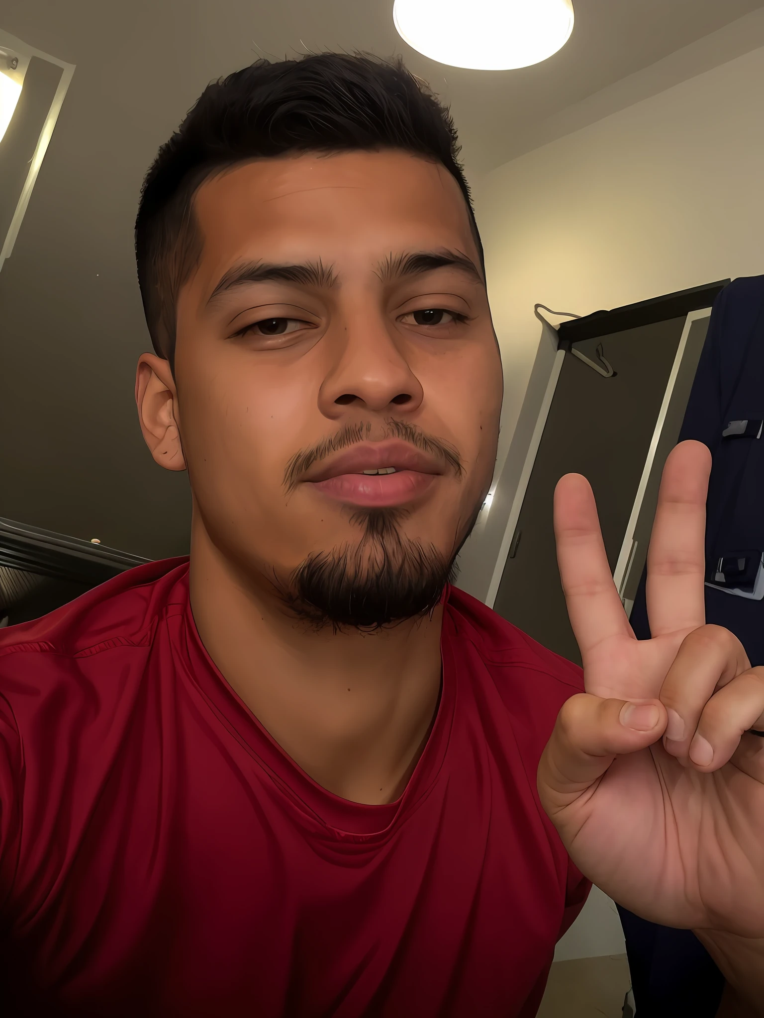 arafed man in a red shirt making a peace sign, frontal picture, caio santos, very very low quality picture, around 1 , 2 3 years old low quality, low quality, clean brutal blooded face, ronaldo nazario fenomeno, 2 2 years old, 21 years ow quality, 2 4 years old