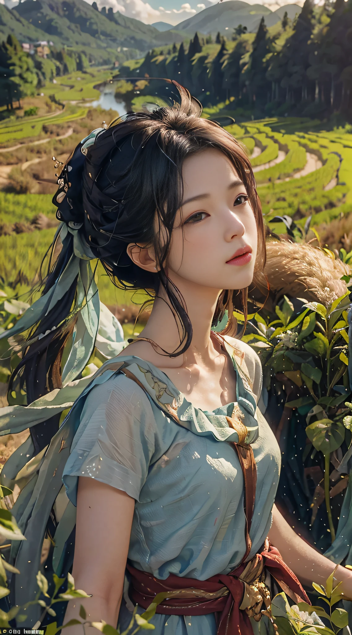 An old farmer carrying a flat burden, walking on the winding path of the countryside, big clouds, blue sky, rice fields, neat rice seedlings in the field, forest, hillside, secluded, countryside, HD detail, hyper-detail, cinematic, surrealism, soft light, deep field focus bokeh, ray tracing and surrealism. --v6