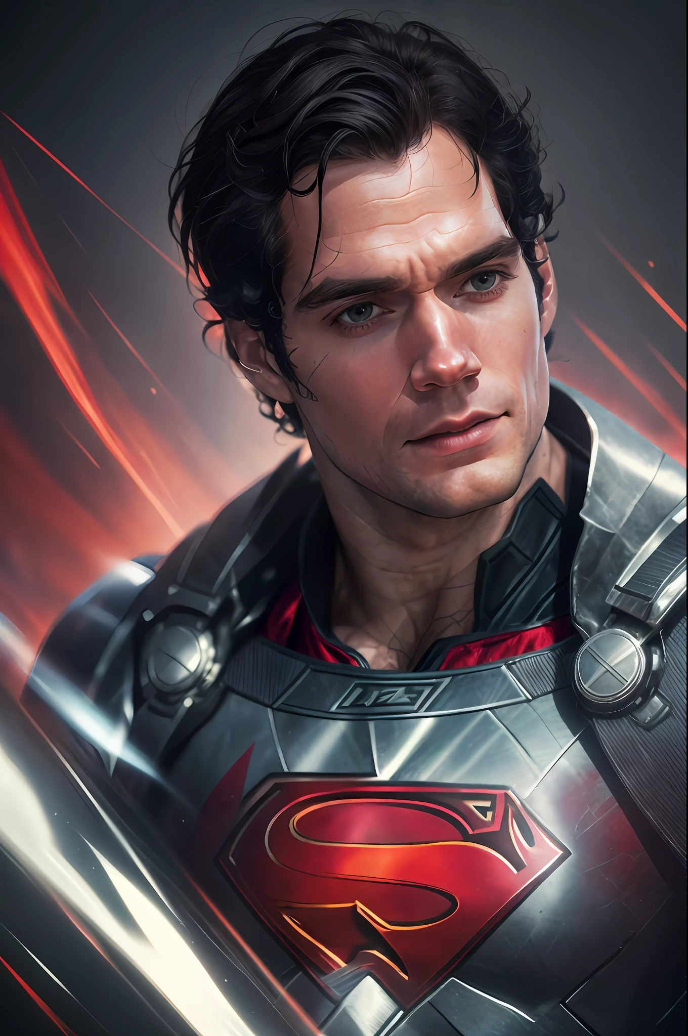Henry Cavill as Superman, 40s, all details white and red suit, red cape, hair tension covering forehead, short cut hair, neat hair, tall, manly, hunk body, muscular, straight face, medium black hair, best quality, high resolution: 1.2, masterpiece, raw photo, dark background, detailed suit, detailed face, upper body photo