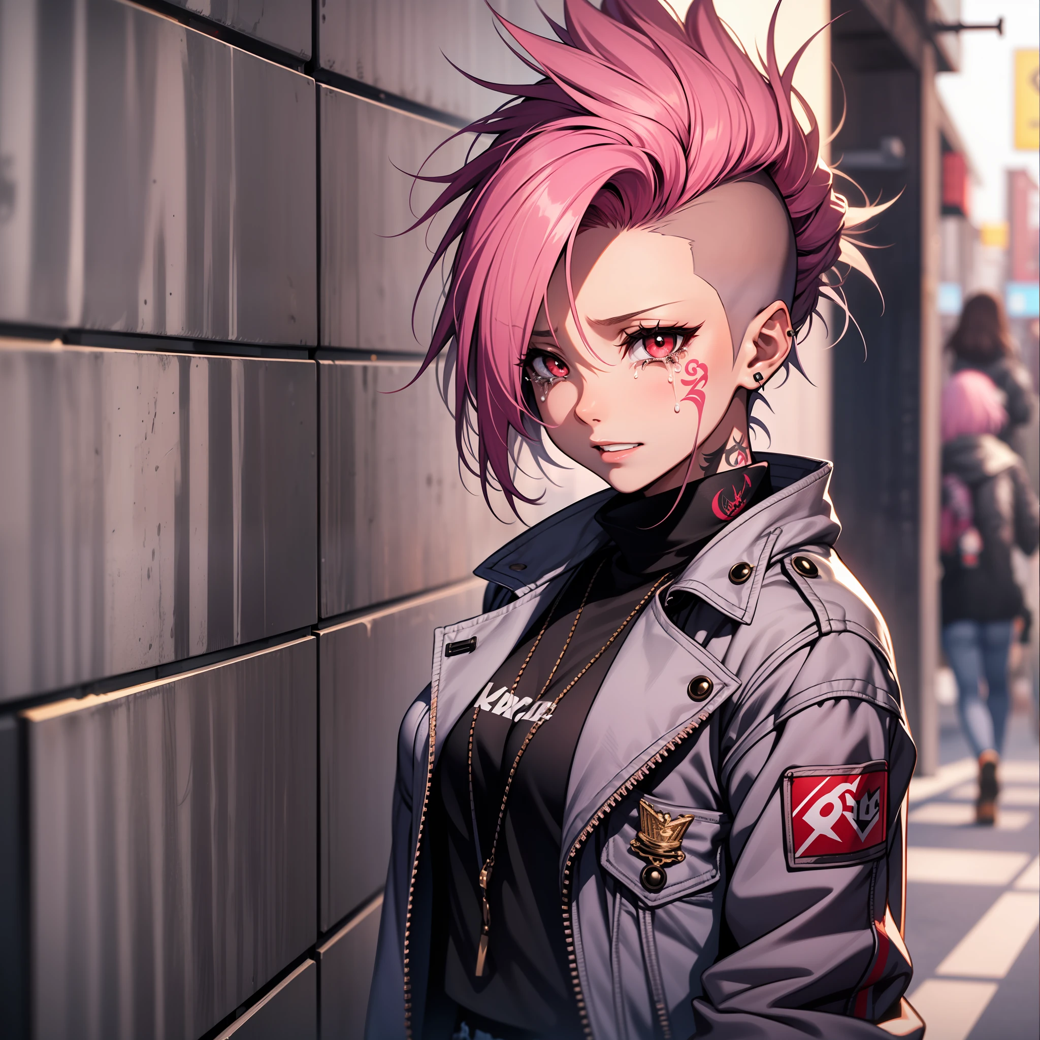 punk girl, mohawk haircut, pink hair, tattoos in arm, in a show , crying with happy, red eyes, jeans jacket, chess skirt, highlights, good anathomy, 4k, detailed face