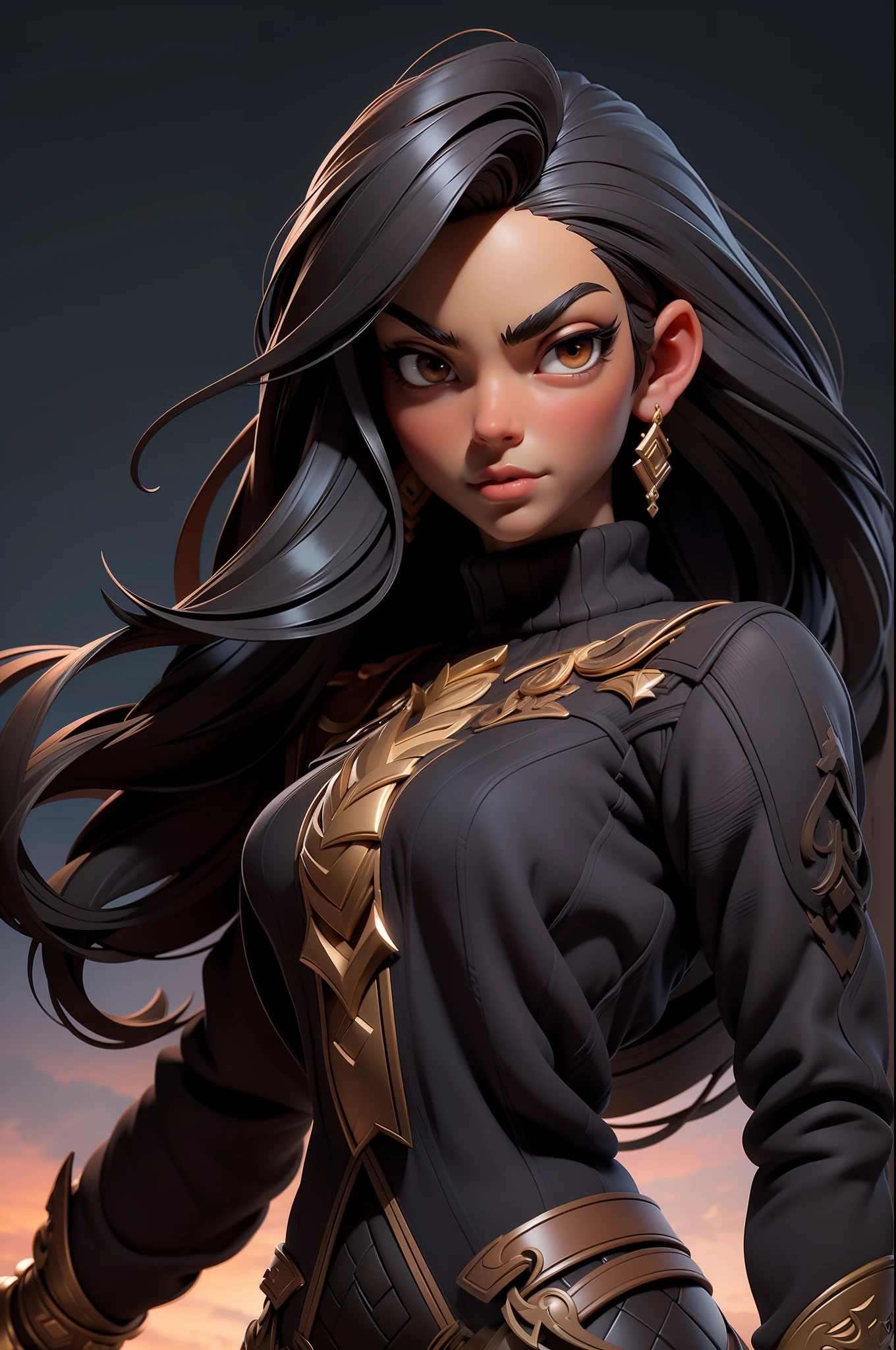 3dmm style,(masterpiece, top quality, best quality, official art, handsome and aesthetic:1.2), (fractal art:1.3), 1girl, handsome, high detailed, dark skin, black hair with a hint of brown, brown eyes, dark lighting, serious face, looking the sky, sky, medium shot, blue sweater, jewelry