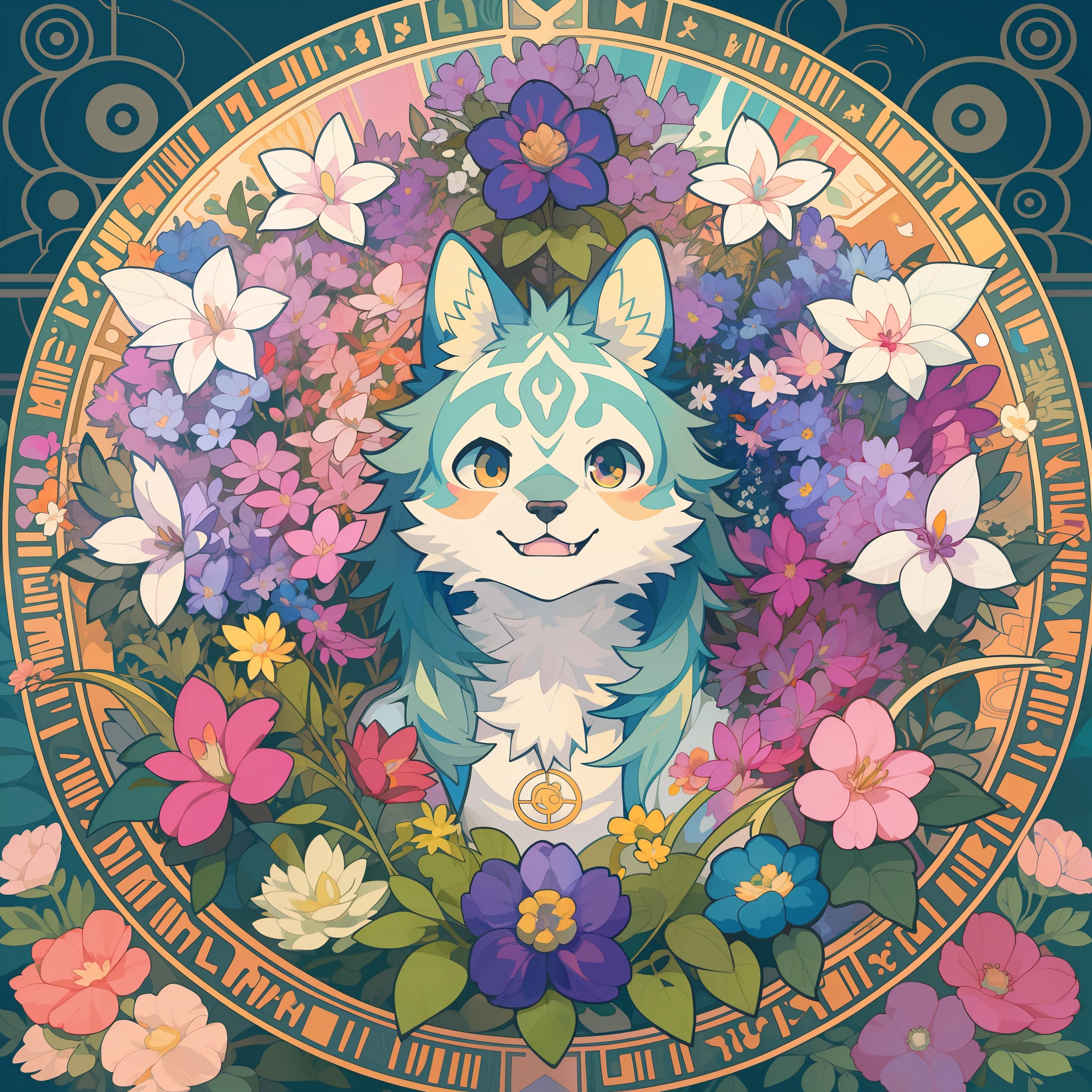 top quality, best quality, kaleidoscope, rzminjourney, vector-art, High-quality illustrations by Alfons Mucha, masterpiece(kemono, furry anthro)logo mark, round, colorful flower,