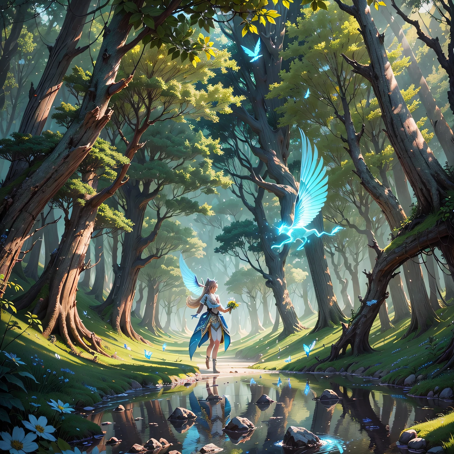 Girl flying over a dreamy fantasy forest full of colors --auto