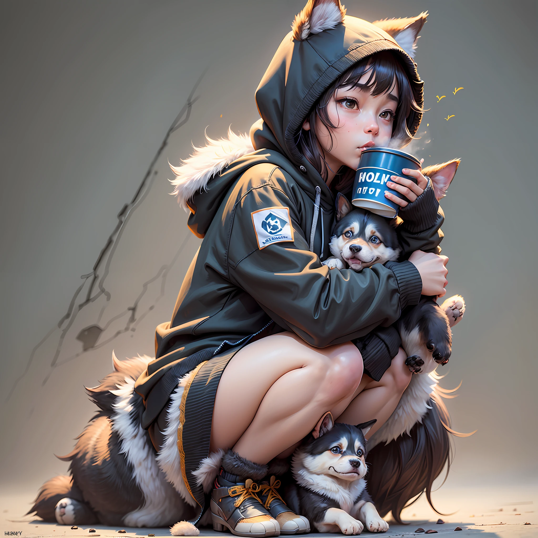 Author: Hanshan, (coffee soda:1.1), Hioshiru, Zackary911, wolf, human, female, boy, solo, tight black hoodie, fur, looking up perspective, perspective from childhood, (he's looking down at a puppy), bent thighs, huge thighs, beep, lean over, crouch, low angle, paws, scary