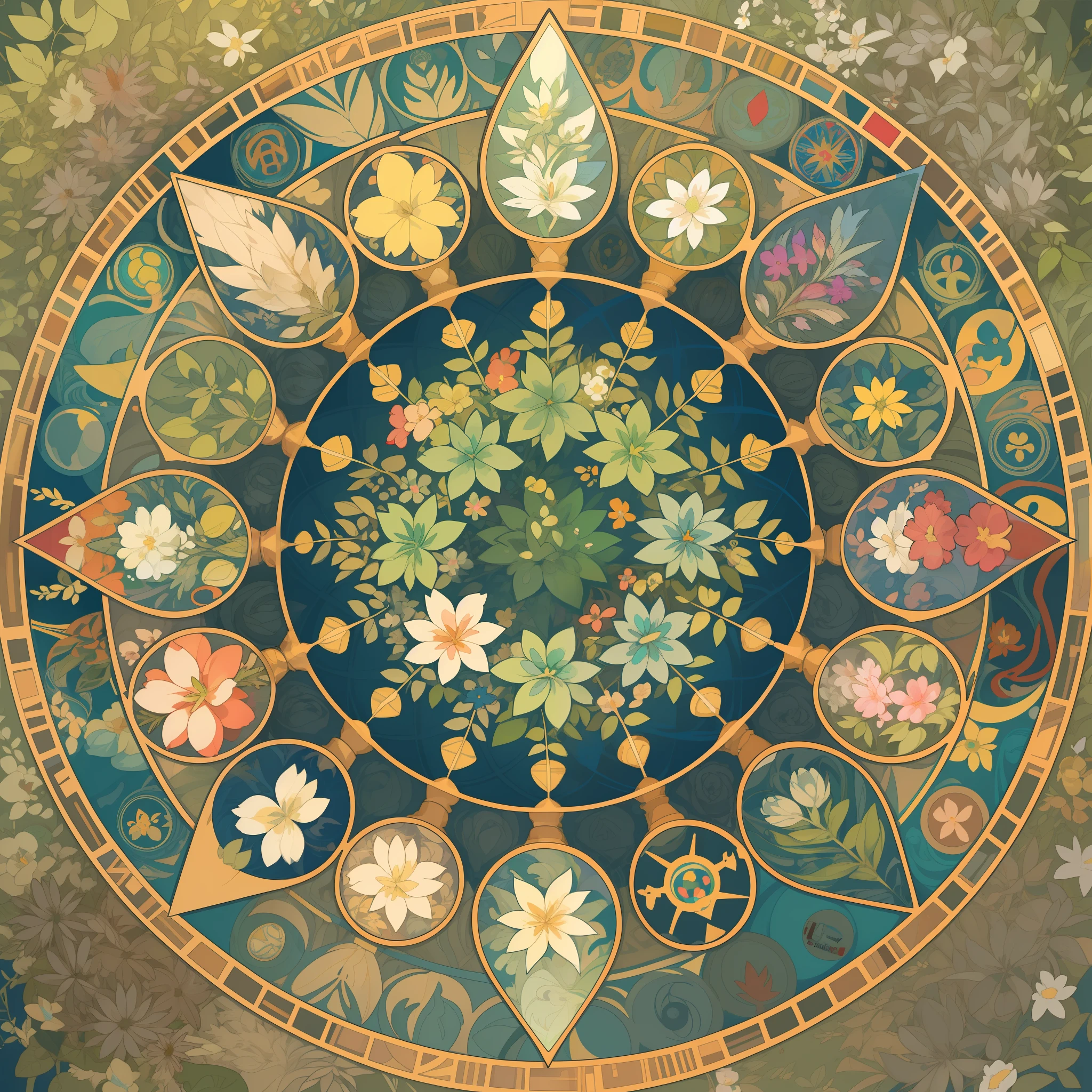 top quality, best quality, kaleidoscope, rzminjourney, vector-art, High-quality illustrations by Alfons Mucha, masterpiece(kemono, furry anthro)logo mark, round, colorful flower,