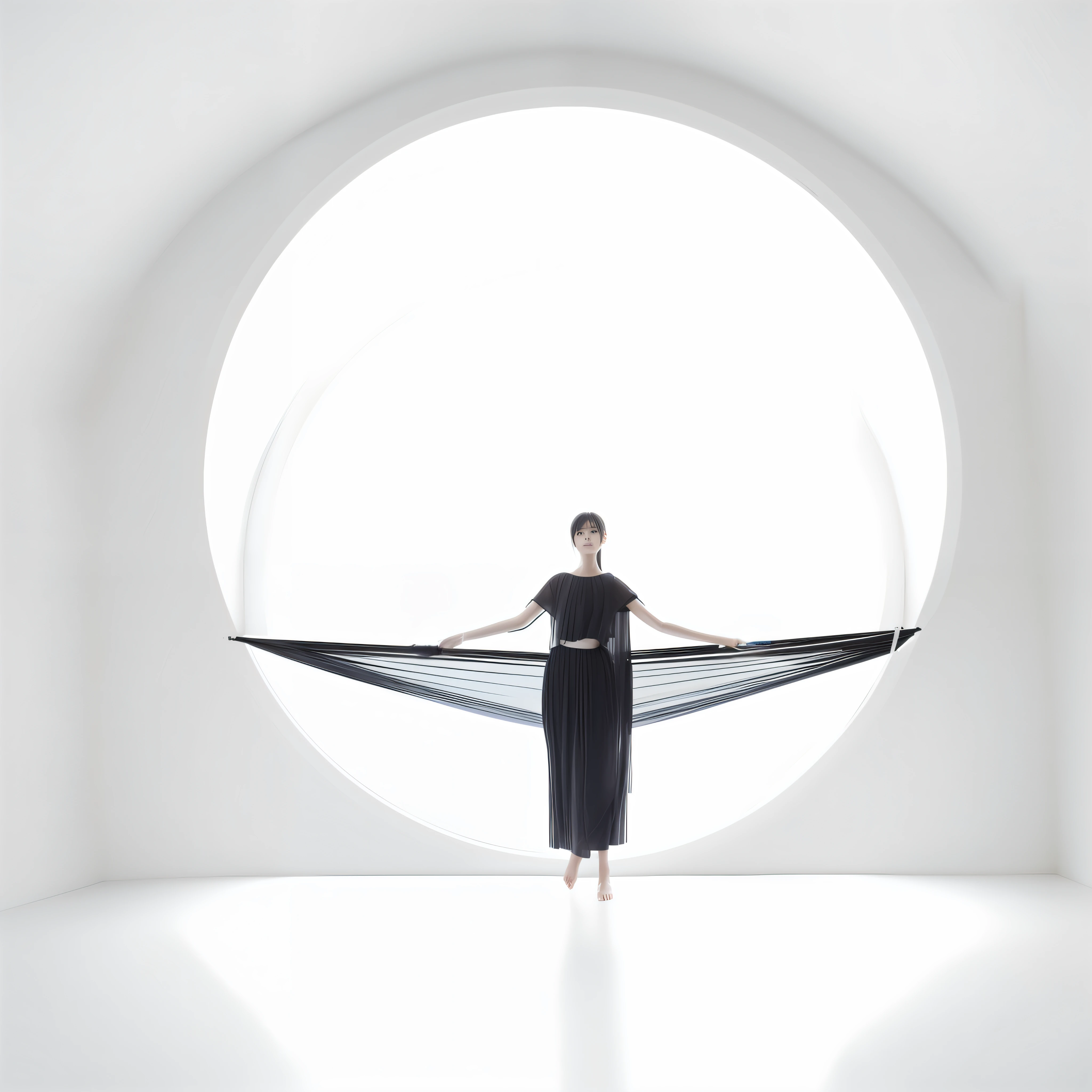 Slender young Japan woman in black clothes with anatomically accurate hands resting on black hammock standing, balancing on one leg, hammock