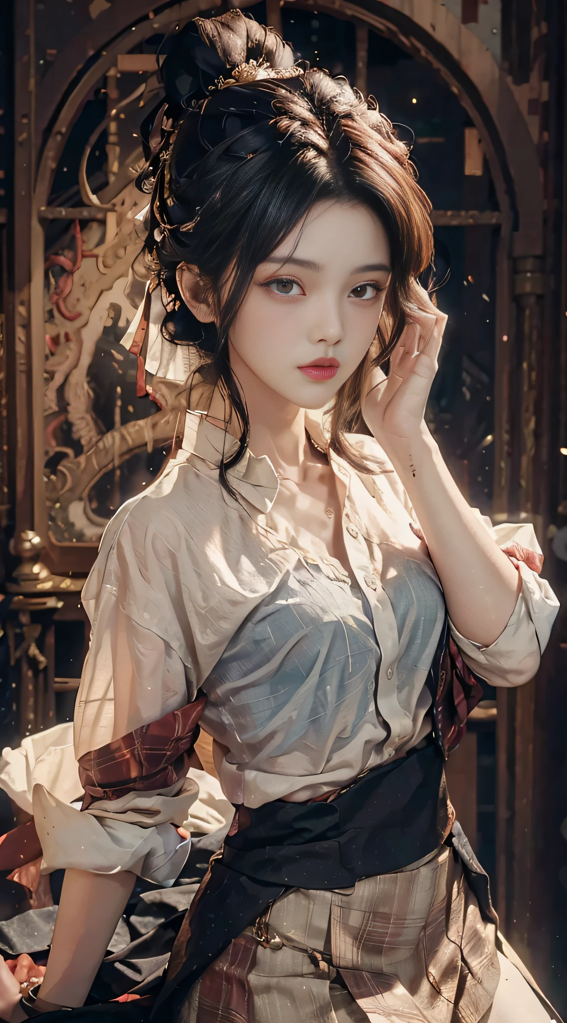 (Best quality, High resolution, Masterpiece :1.3), A tall and pretty woman, Slender abs, Dark brown hair styled in loose waves, Breasts, White button up shirt, Black pleated skirt, (Modern architecture in background), Details exquisitely rendered in the face and skin texture, Detailed eyes, Double eyelid