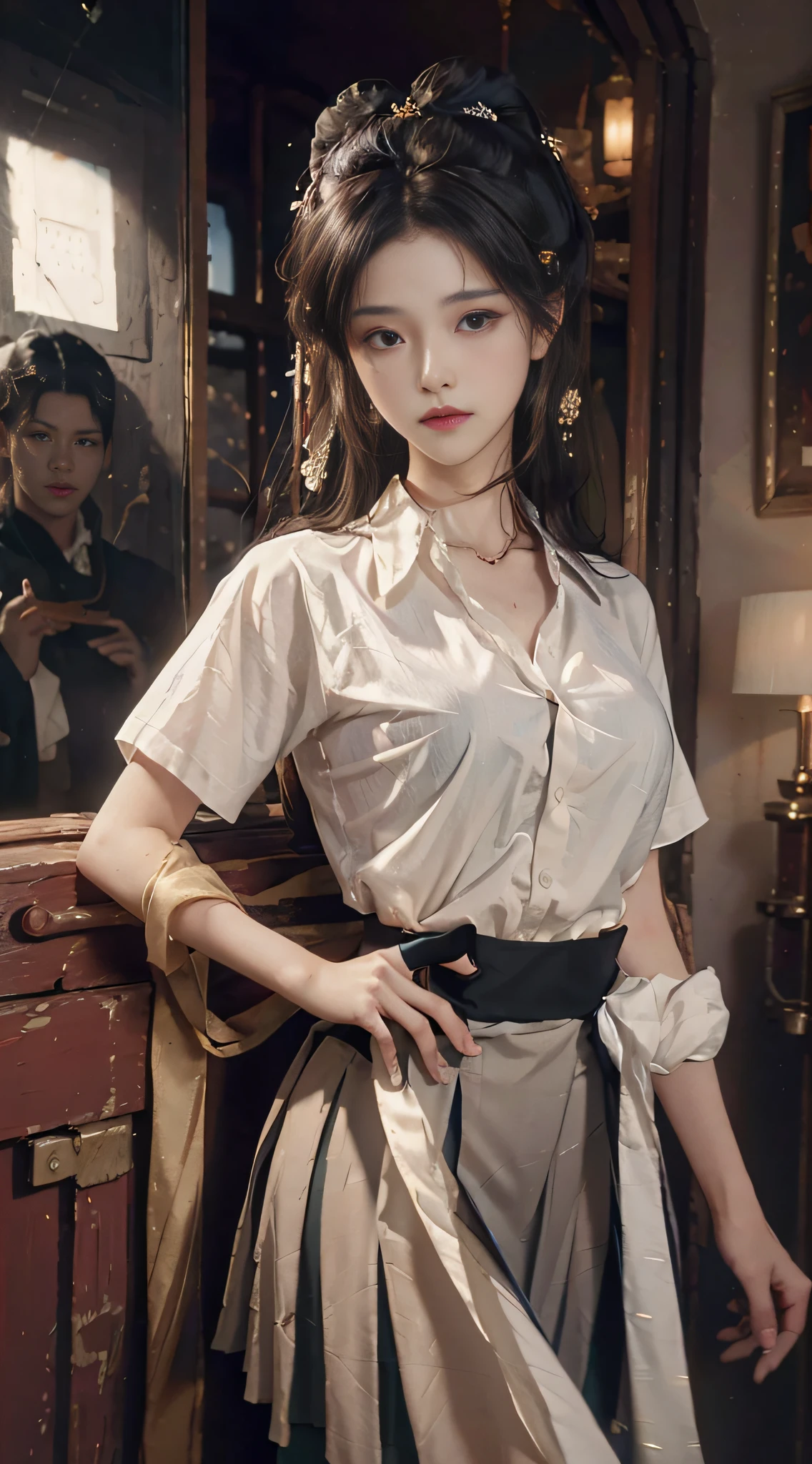 (Best quality, High resolution, Masterpiece :1.3), A tall and pretty woman, Slender abs, Dark brown hair styled in loose waves, Breasts, White button up shirt, Black pleated skirt, (Modern architecture in background), Details exquisitely rendered in the face and skin texture, Detailed eyes, Double eyelid