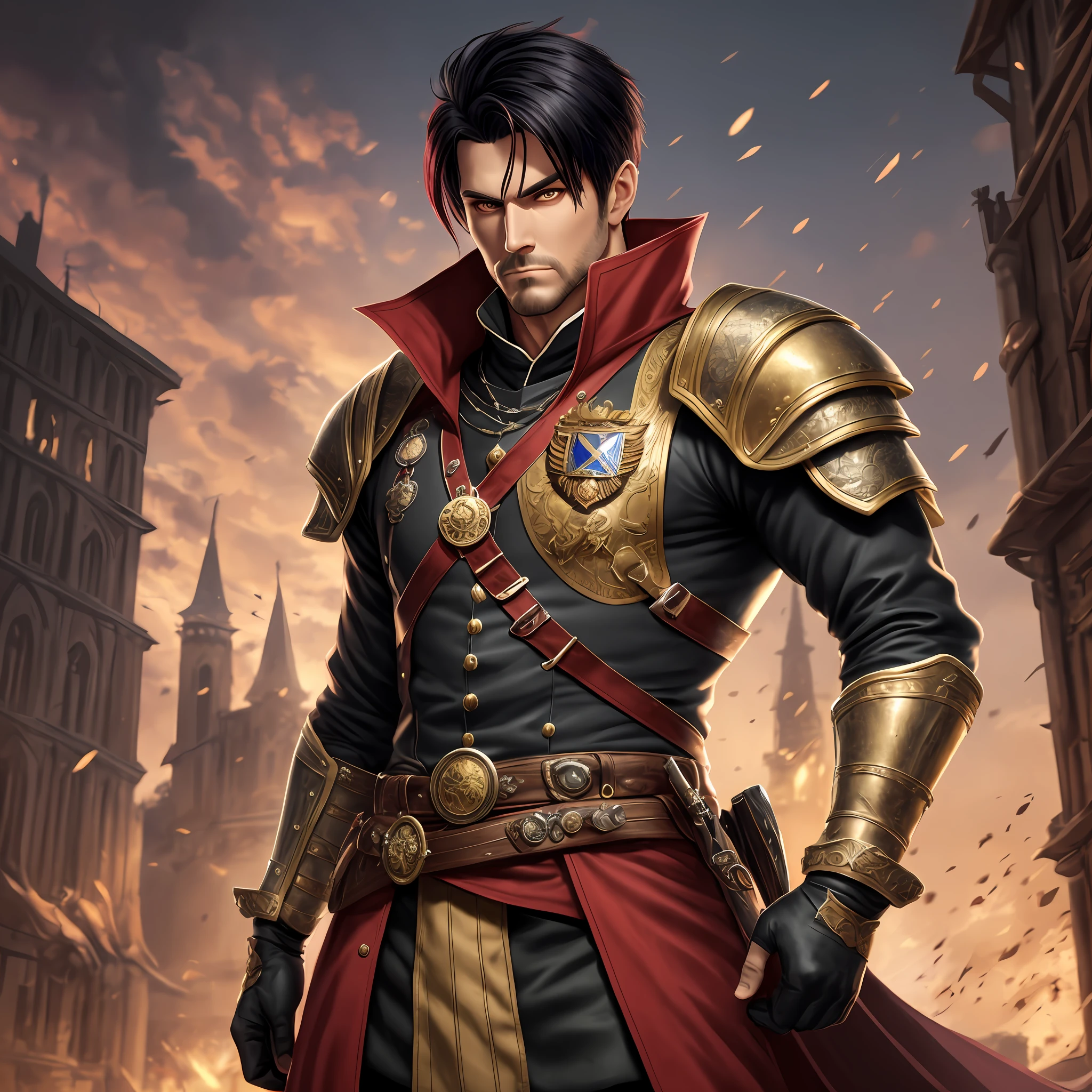 A character design of a grown man, confident eyes, confident and thoughtful look, black hair with red locks, medium hair, muscular body, military clothing, tactical clothing, red and gold eyes, accessories on clothing, coats of arms and medals of honor on his clothing, a medieval sword at the waist. 4K Ultra HD, Character Design, General, King. --auto