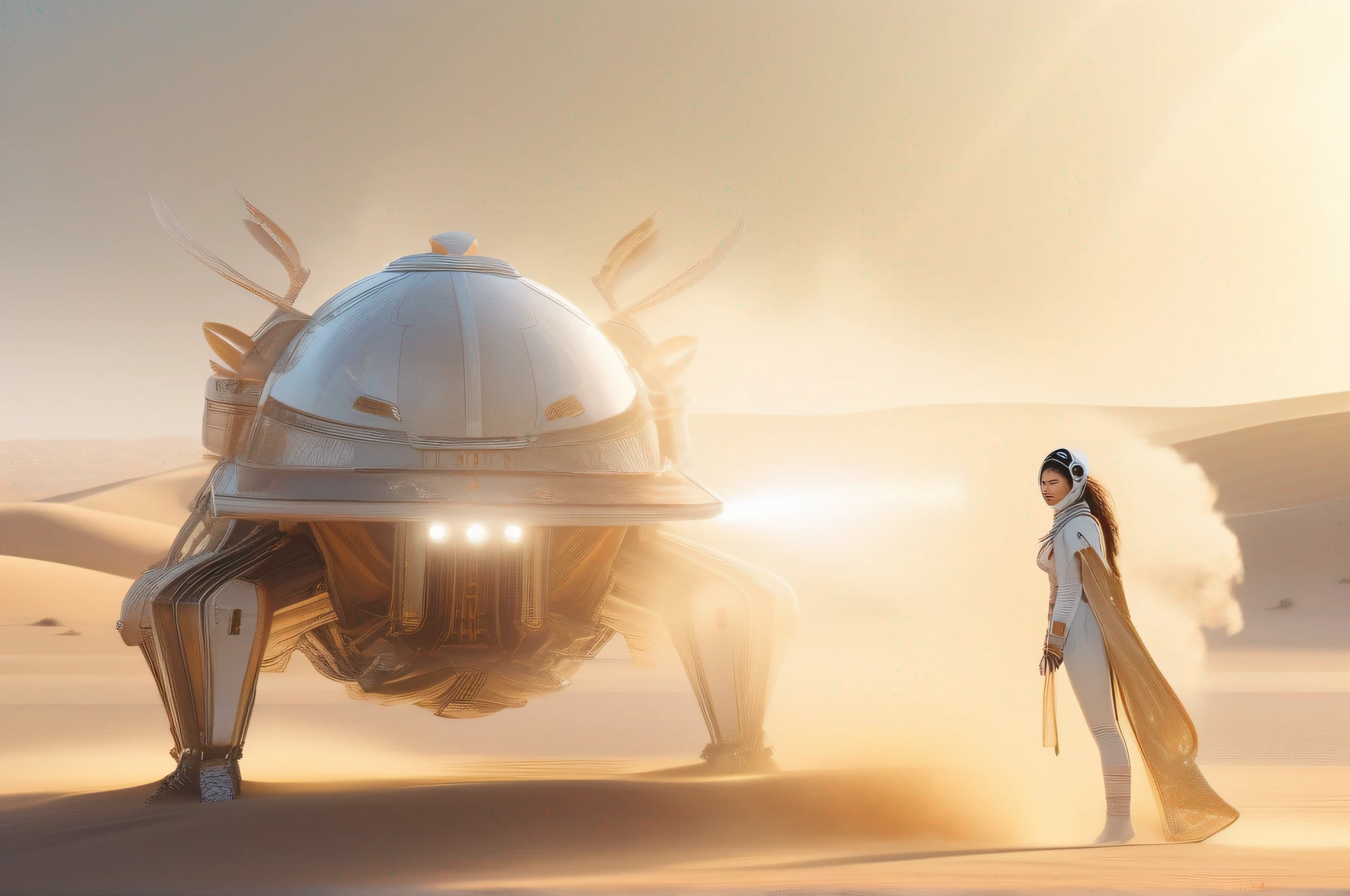 A woman in Chinese Hanfu, wearing an astronaut-style transparent helmet, holding a laser sword standing in the desert, next to a crashed spaceship, white mist, golden light, desert, elaborate landscape, global illumination, (strong wind: 1.5), (strong wind: 1.1), (strong wind: 1.5), ultra-detailed face and eyes, 16k, best quality, bokeh, soft light, space, crystal clear, natural light, fantasy.