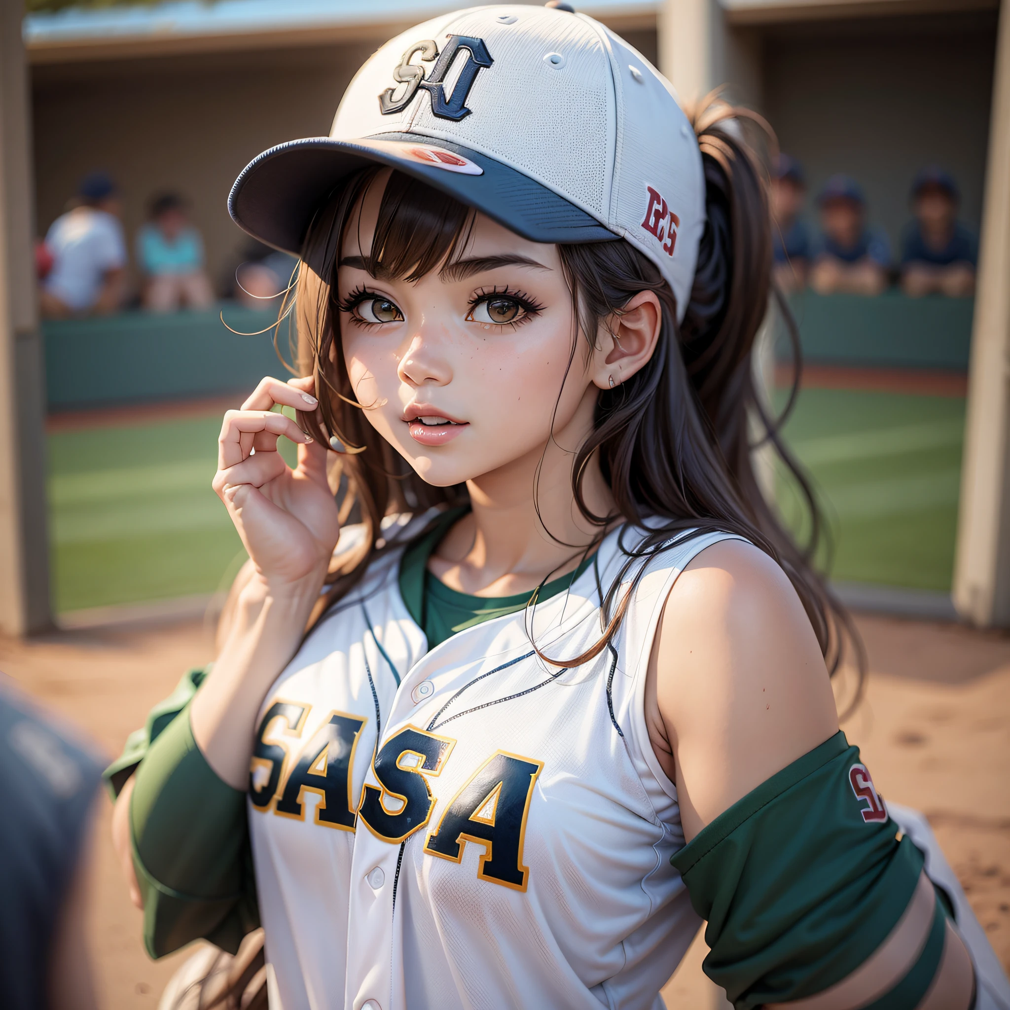 (Baseball Field: 1), Morning, (Baseball Uniform:1), Long Blue and White Fringed Hair, Light Blue Eyes, 1 Girl, 20 Years Old, Innocent, (Realistic), (Intricate Detail: 1.2), (Masterpiece: 1.3), (Best Quality: 1.4), (Ultra High Resolution: 1.2), Ultra High Resolution, (Detailed Eyes), (Detailed Facial Features), HDR, 8k Resolution, (Lens Flare: 0.7), Leg Raise, Baseball Pose,