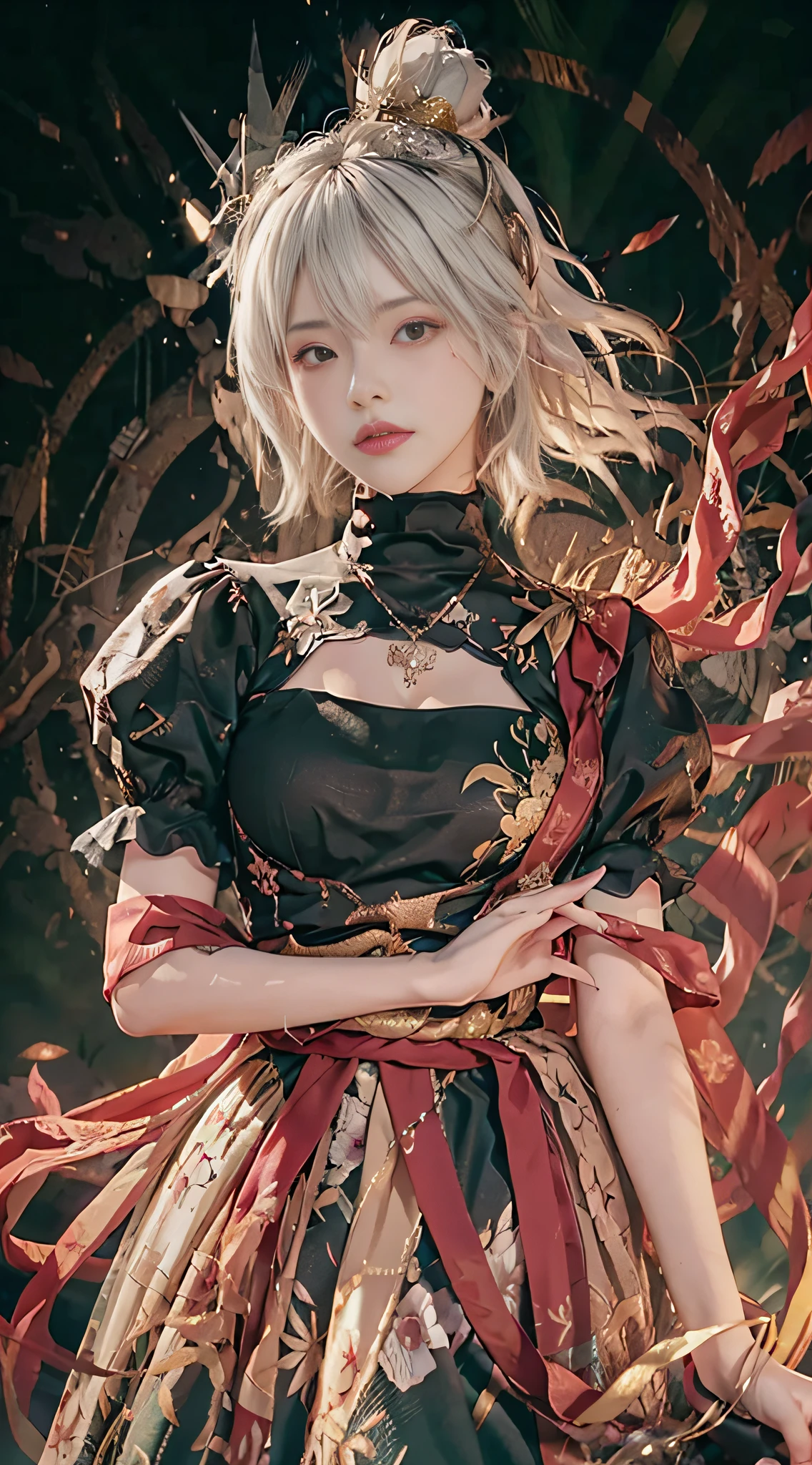 yorha no. 2 type b, 1girl, wlop, (blindfold), breasts, cleavage, cleavage cutout, clothing cutout, green background, hair between eyes, hairband, highres, juliet sleeves, long sleeves, nier (series), nier automata, puffy sleeves, red lips, shaded face, short hair, solo, turtleneck, upper body, white hair, sky