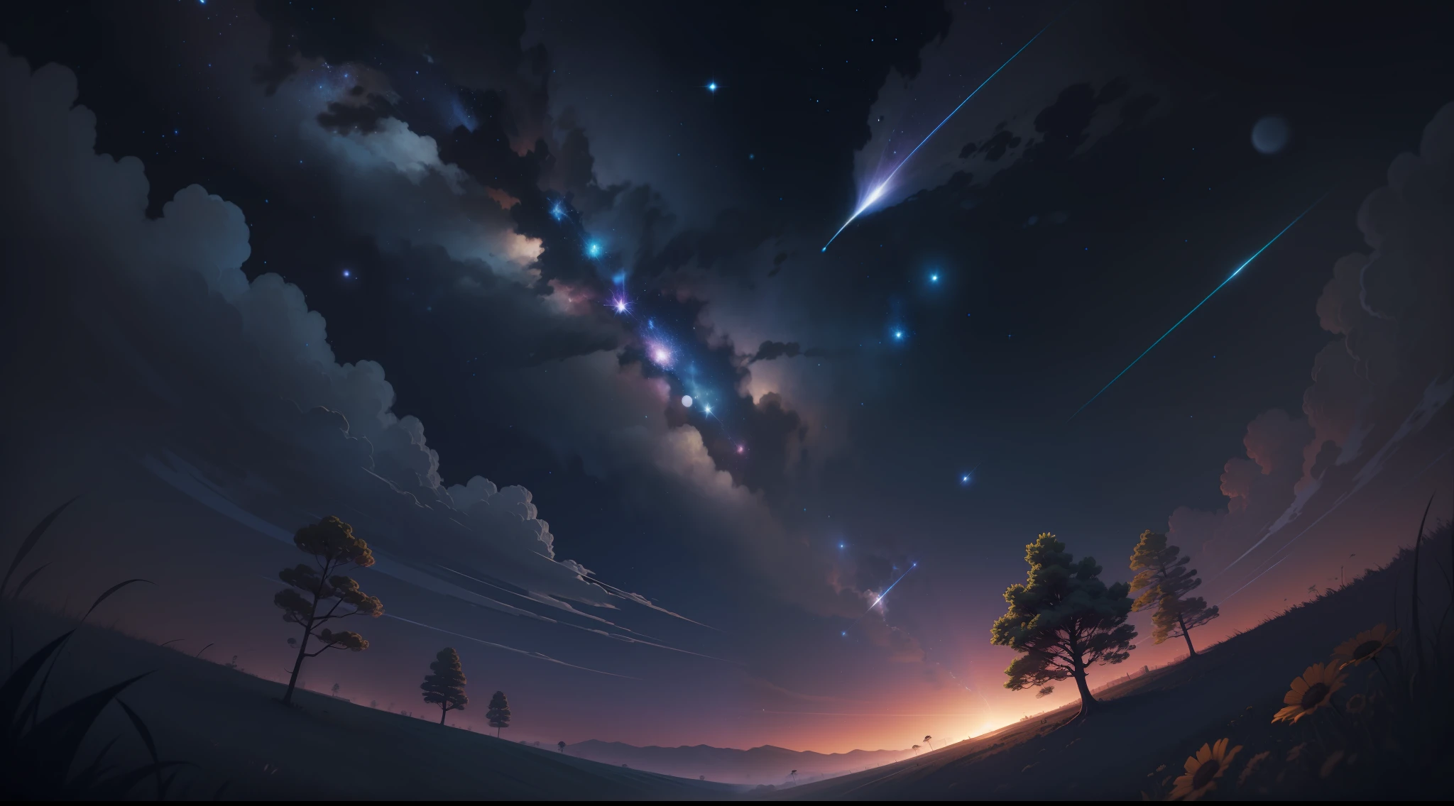 UHQ, the ultimate masterpiece, high detail depiction, best picture quality, 8k, 2D anime style, Chinese Han dynasty, night, dark night sky, full of stars, meteor shower, Orion, meadow, low angle, far view