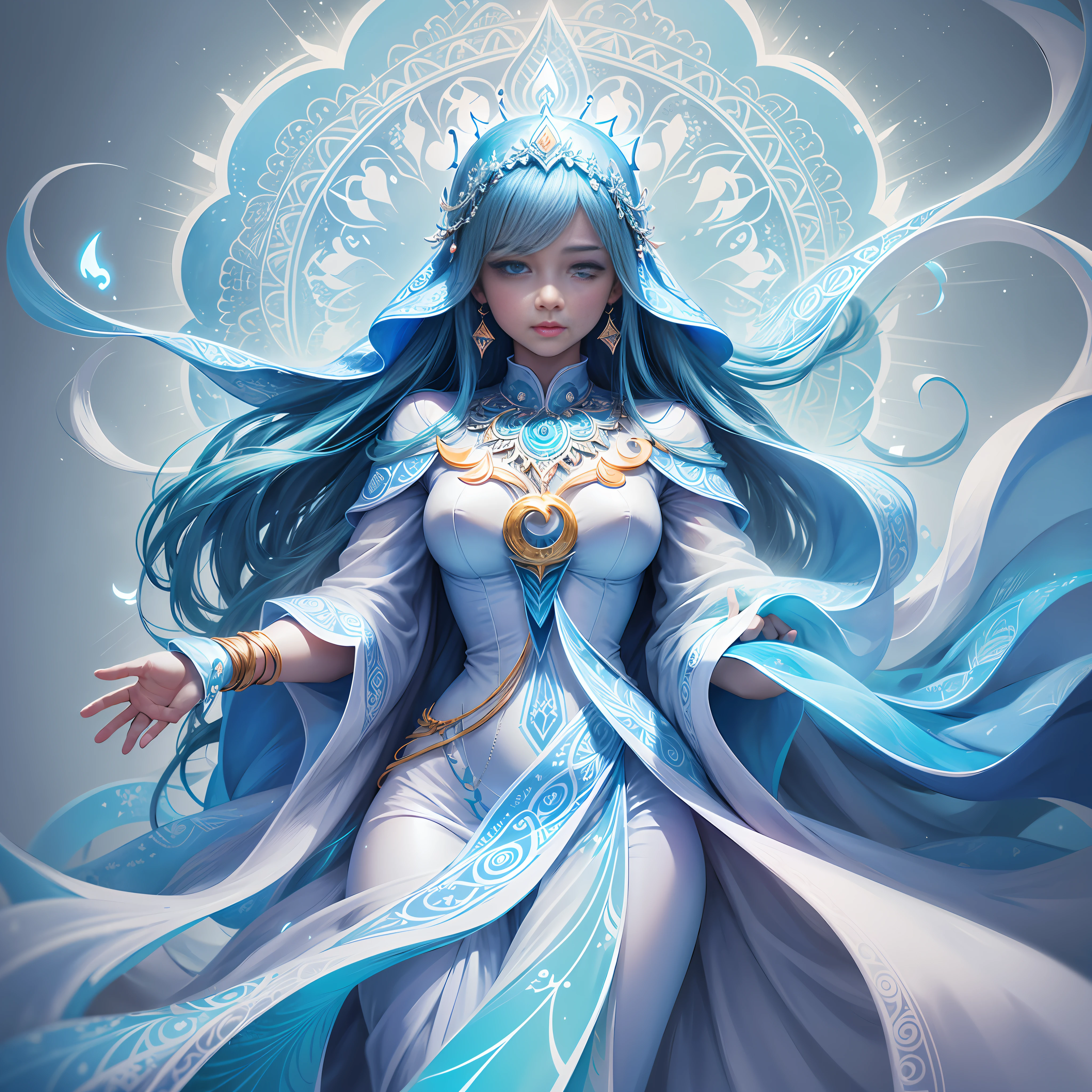 (improve hands and eyes)+[Mandala glowing:1.2], brightening her chest region brightly, light blue color, crescent cloak in complementary shades of white and light blue, clothing flowing in soft folds, leaving her to appear floating. --auto --s2