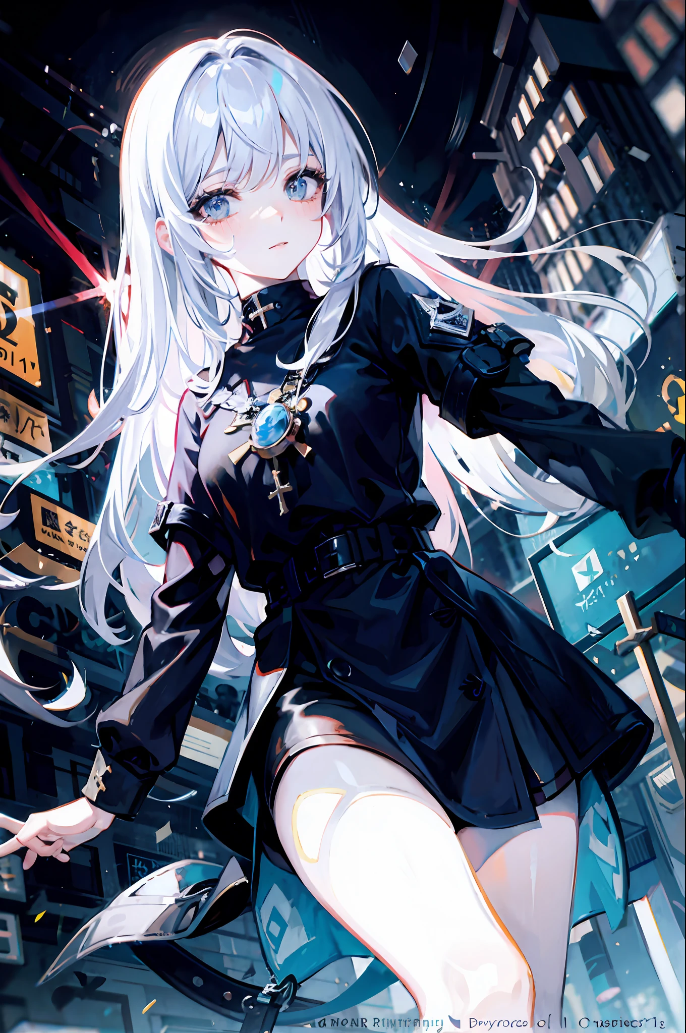 Inquisitor of the baticano, style of an agent S.C.P., has a stanpa with the letters SCP on her clothes, masterpiece, best quality, highres, watercolor painting theme, (looking at the viewer: 1.1) creative hair, has tattooed on the leg a cross, dynamic pose, corridor of a temple, eye with the hands of the clock,  sad lighting, blushing, waist throw, albino skin, detailed face details, dynamic pose, wallpaper, edge lights, by Studio Ghibli, erotic