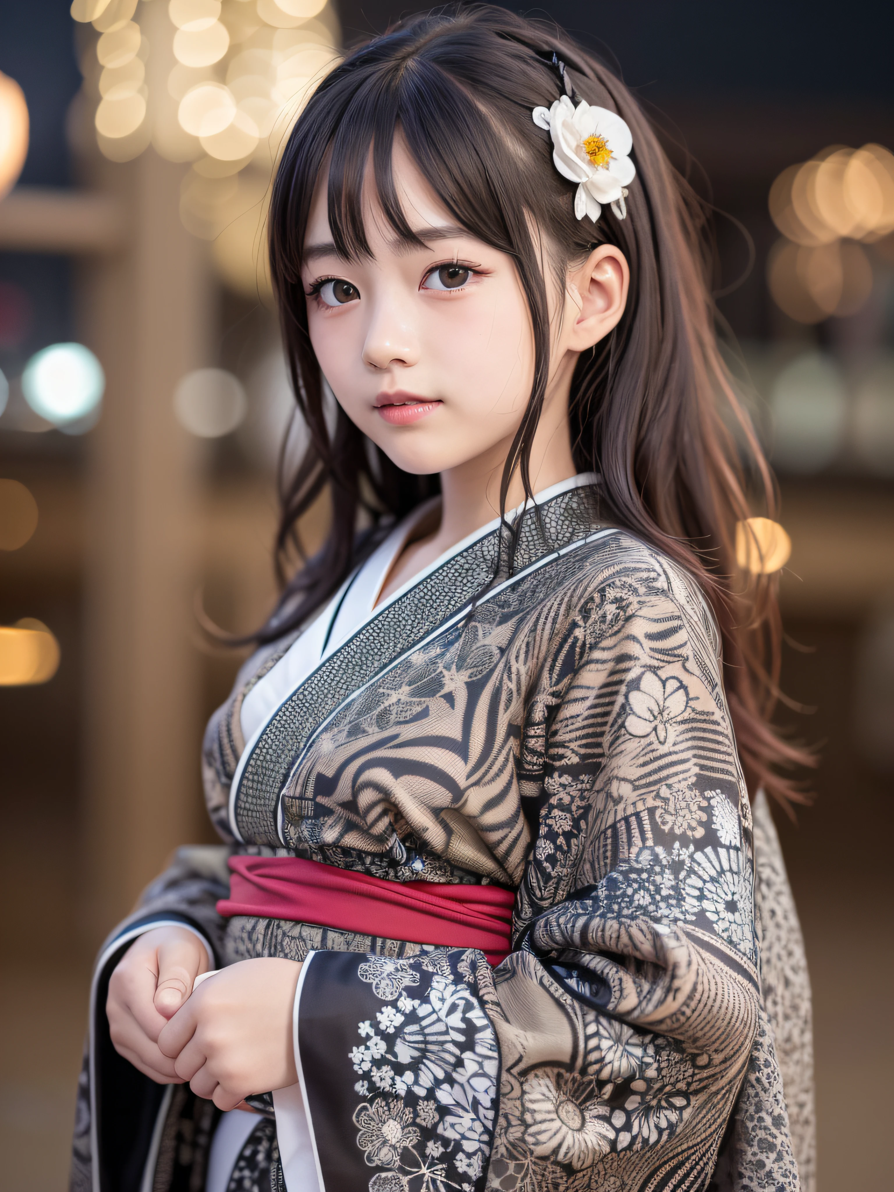 (realistic, photo-realistic:1.37), incredibly absurdres, (insanely detailed:1.3), 8k, (masterpiece), (best quality:1.4), (ultra high res:1.2), (RAW photo:1.2), ultra detailed background, (unity 8k wallpaper), 1 nogizaka girl, utterly cute, (((bishojo:1.35))), (((:1.4))), (gothic loliukata-kimono), an exquisitely detailed and beautiful face and eyes and skin, detailed black shine hair, small-medium breasts, a yukata-kimono with delicate and beautiful soft fabric, smile at the camera, cowboy shot, the star festival in july 7th, tanabata, at night, professional lighting