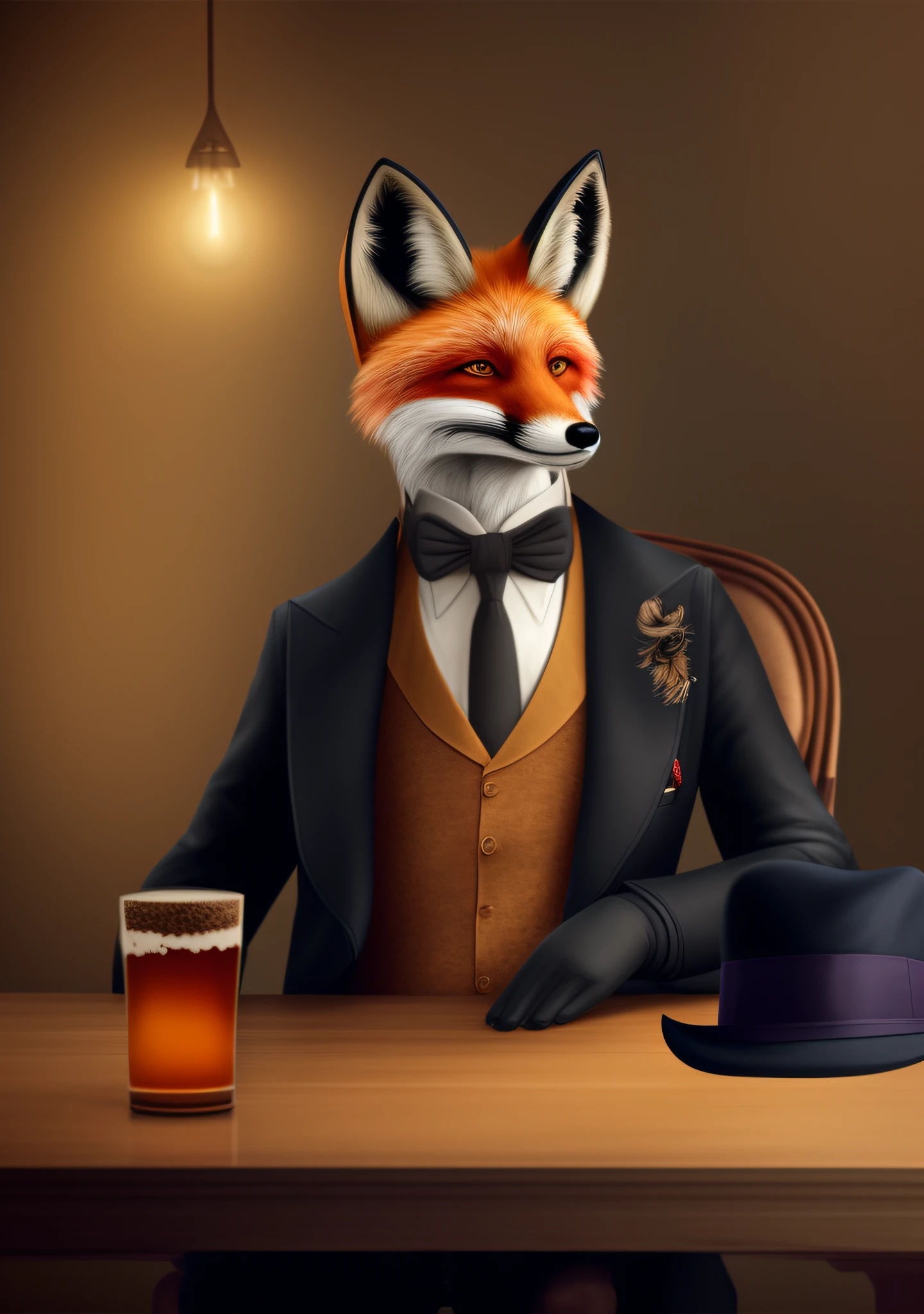 there is a fox dressed in a suit and a hat sitting at a table, anthropomorphic fox, an anthropomorphic fox, tonic the fox, portrait of an anthro fox, anthropomorphic furry art, dapper, dignified aristocrat, gentleman, epic and classy portrait, high quality portrait, an anthropomorphic cyberpunk fox