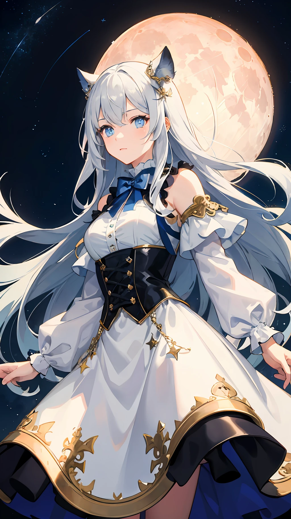 Wallpaper, highly detailed, best quality, 1girl, long white hair, blue eyes, highlighted eye, white dress with blue details, blue ornaments, white castle on top of mountain, night sky with full moon and stars, light coming from the moon,
