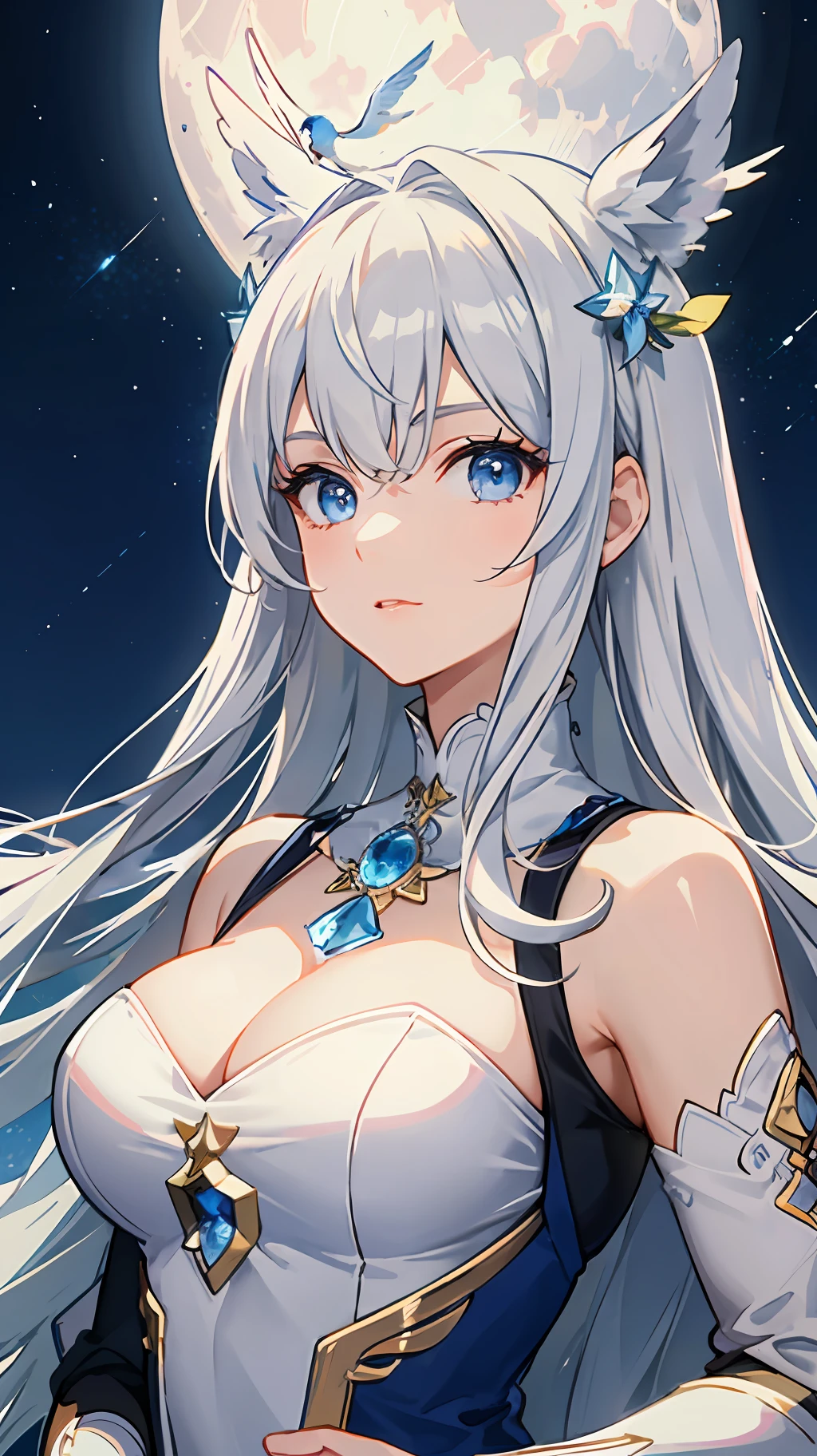 Wallpaper, highly detailed, best quality, 1girl, long white hair, blue eyes, highlighted eye, white dress with blue details, blue ornaments, white castle on top of mountain, night sky with full moon and stars, light coming from the moon,