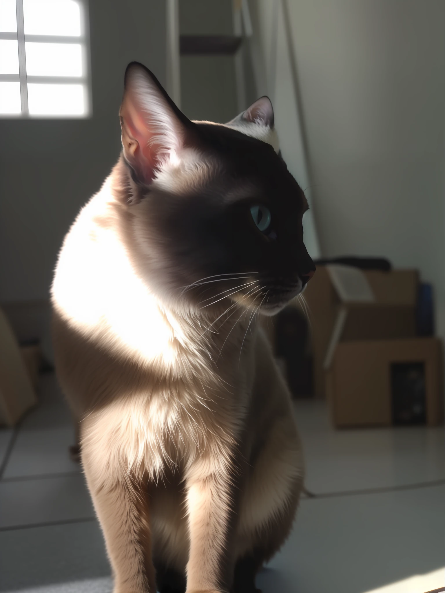 there is a cat sitting on the floor in the sun, aesthetic siamese cat, looking to the side off camera, looking away from camera, looking away from the camera, taken with sony alpha 9, soft light from the side, sun beaming down on him, left profile, right side profile, looking from side!, nice afternoon lighting, proud looking away
