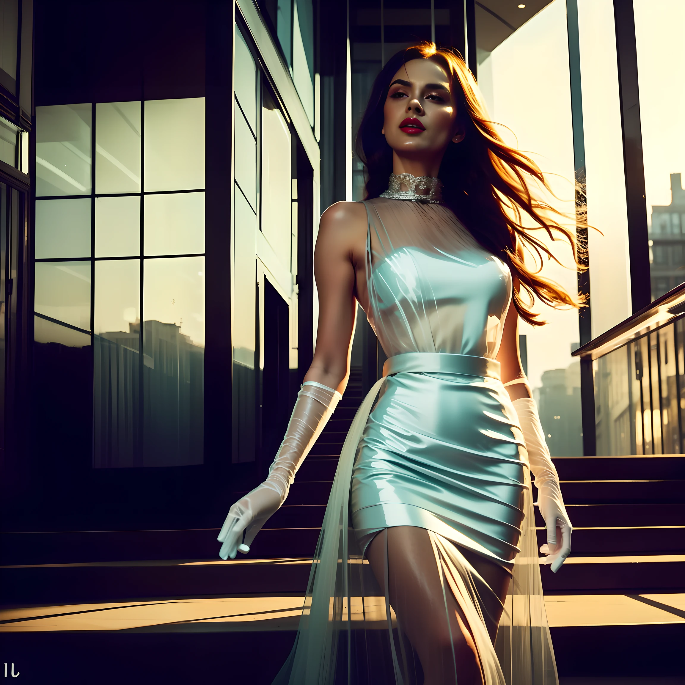 charming Sofisticaded noir novel cinematic 24mm high key long shot film still masterpiece, stunning long red hair youth woman, wearing polycarbonate cocktail one Shoulder Sleeveless Floor Length evening dress with transparent gloves and wrist, Patrick Nagel style