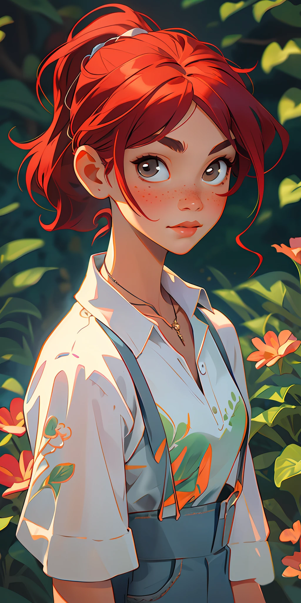 (masterpiece, best quality), 1girl, collarbone, wavy hair, looking at viewer, blurry, upper body, necklace, suspenders, floral print, ponytail, freckles, red hair, sunlight,