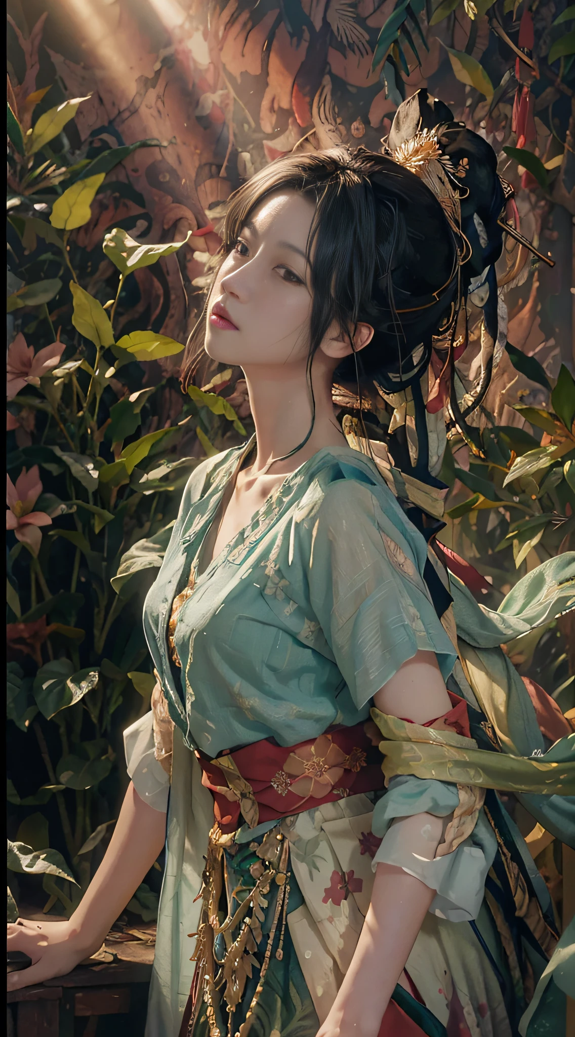 A detailed and intricate digital illustration of a dense jungle full of exotic flora and fauna, with sunlight filtering through the canopy creating a dappled effect. Yoshitaka Amano and Hayao Miyazaki's style, masterpieces, proportions, details, art station trends, beautiful lighting, realistic, intricate, award winning, 4k, highest quality award winning, 4K digital painting in the style of Yoshitaka Amano. A detailed and intricate depiction of the zombie apocalypse, masterfully capturing the chaos and drama of the scene. Beautiful lighting and cinematic composition make this piece a true masterpiece, trending on artstation