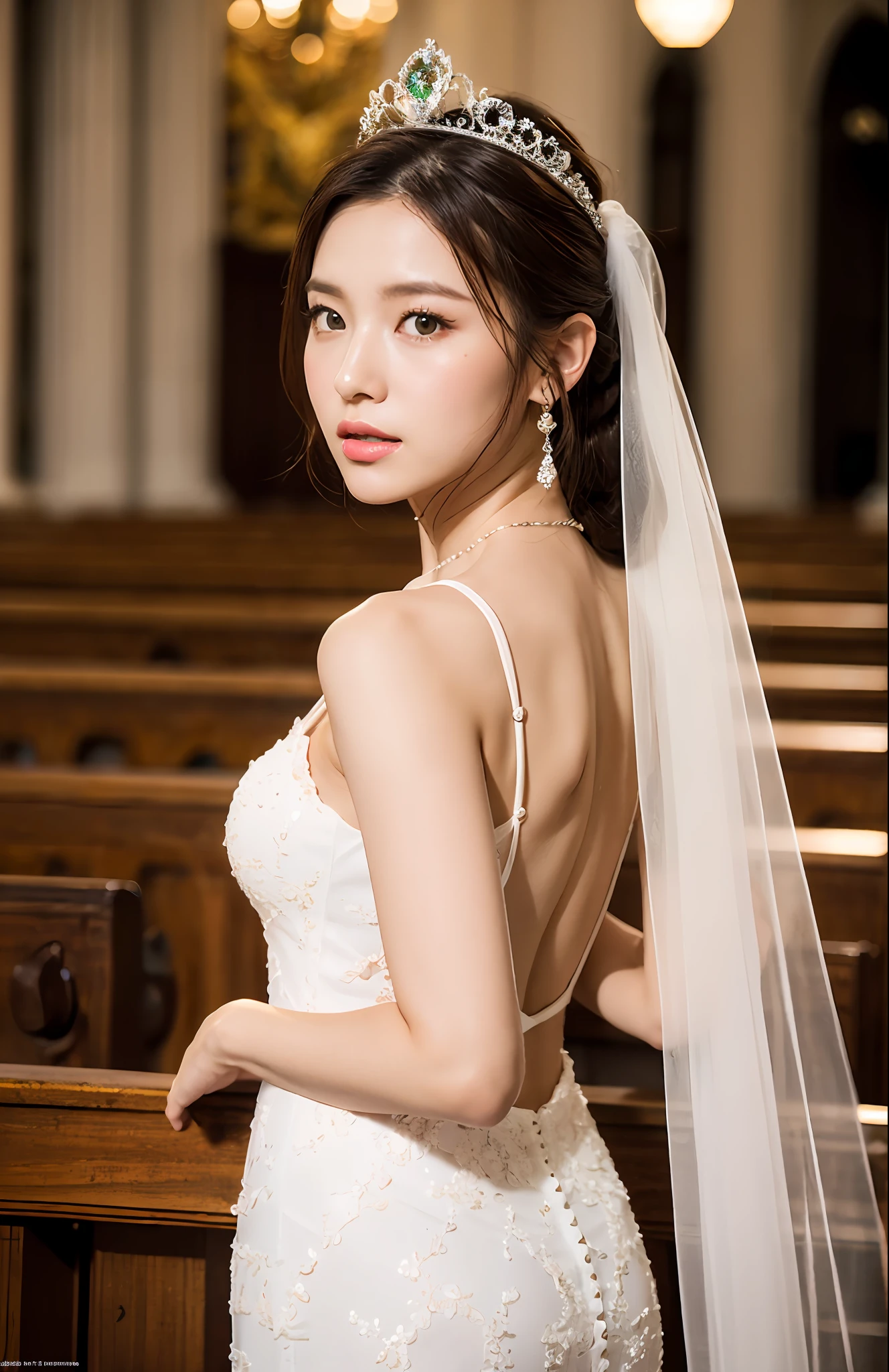 Turbulent posture, (very delicate and beautiful work), (masterpiece), 1girl, girl in wedding dress with tiara on head, in front of church, veil, lace, high definition, ridiculous, charming expression, raising neck, kissing face, beautiful clear eyes, green eyes, delicate necklace, delicate earrings, whole body, various poses, simple background blur, ultra-fine depiction, beautiful, charming, ultra-fine painting, delicate faceBeautiful, Delicate Figure, Slender Clavicle, Lovely Lips, Beautiful Big, Soft Back, Mix4, (8k, RAW Photos, Best Quality), Masterpiece: 1.2), (Realistic, Photorealistic: 1.37), One Girl, Cute, Professional Lighting, Photon Mapping, Radiosity, Physically Based Rendering
