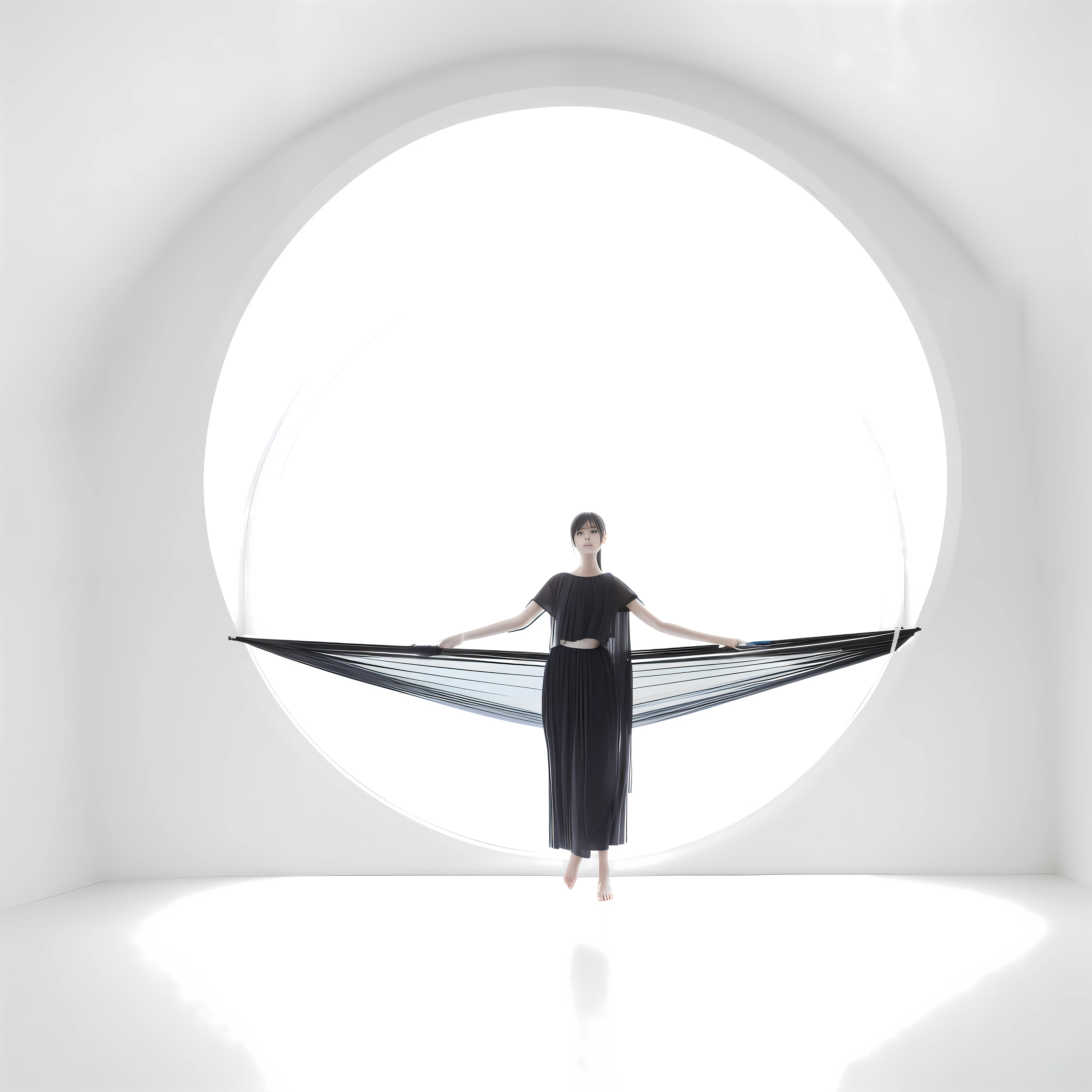 Slender young Japan woman in black clothes with anatomically accurate hands resting on black hammock standing, balancing on one leg, hammock