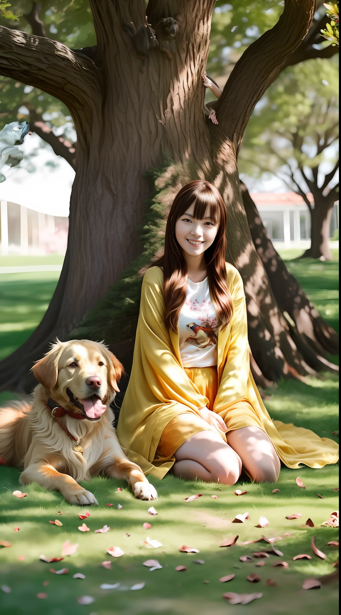 Girl and dog, girl wearing textured gauze skirt, long hair youthful, golden retriever sitting on lawn, big tree in the distance, happy, smiling, high resolution