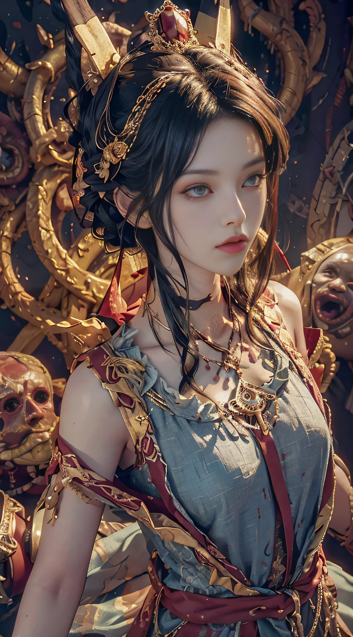 (highly detailed 8k wallpaper), medium shot photo of a frightening necromancer, intricate, high detailed, dramatic, 3D