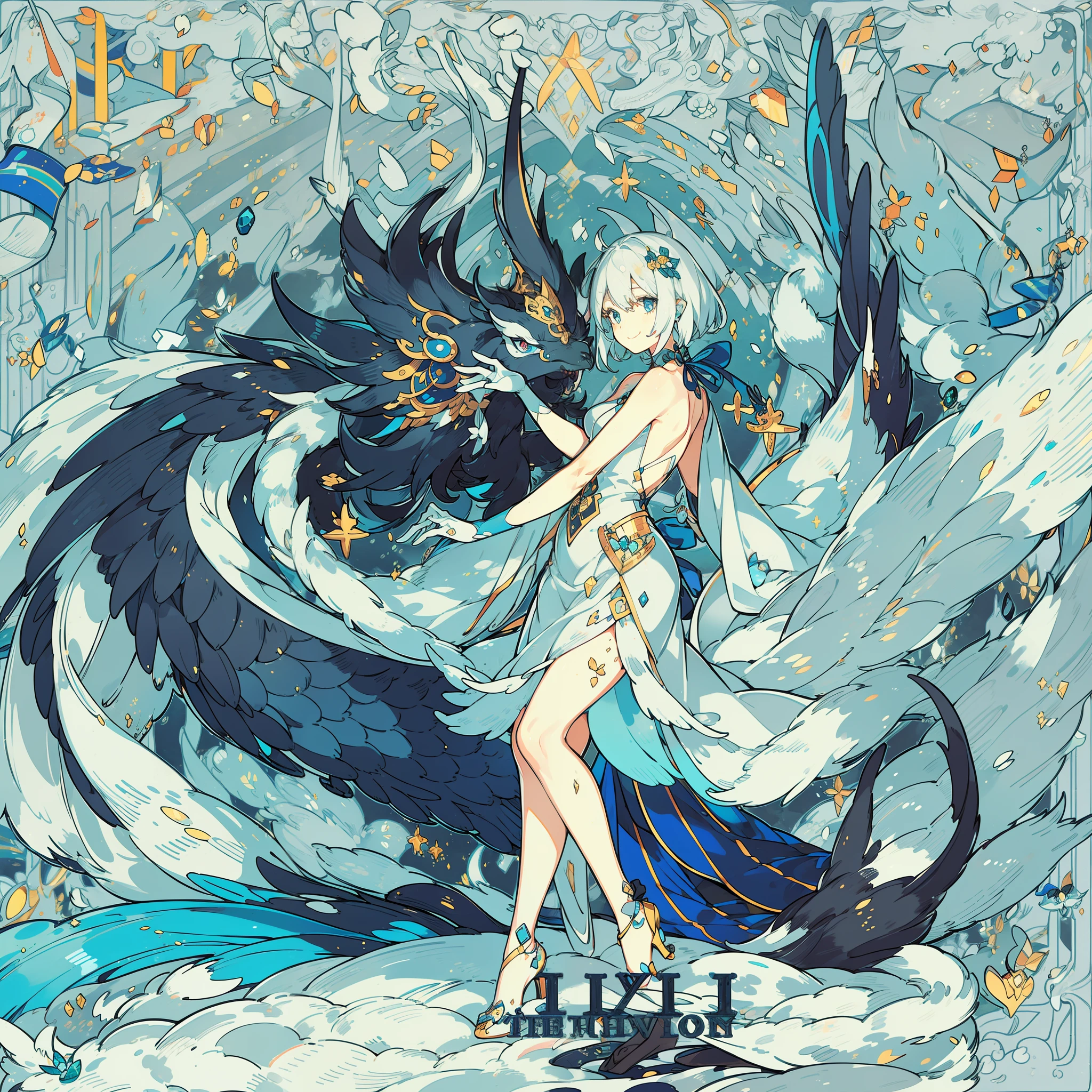 black dragon, close up, blue eyes, cute, transparent dress, disney princess, white hair, red eyes, surrounded by spiders, smile, realistic skin texture, detailed sharp scales, colorful, fantasy art