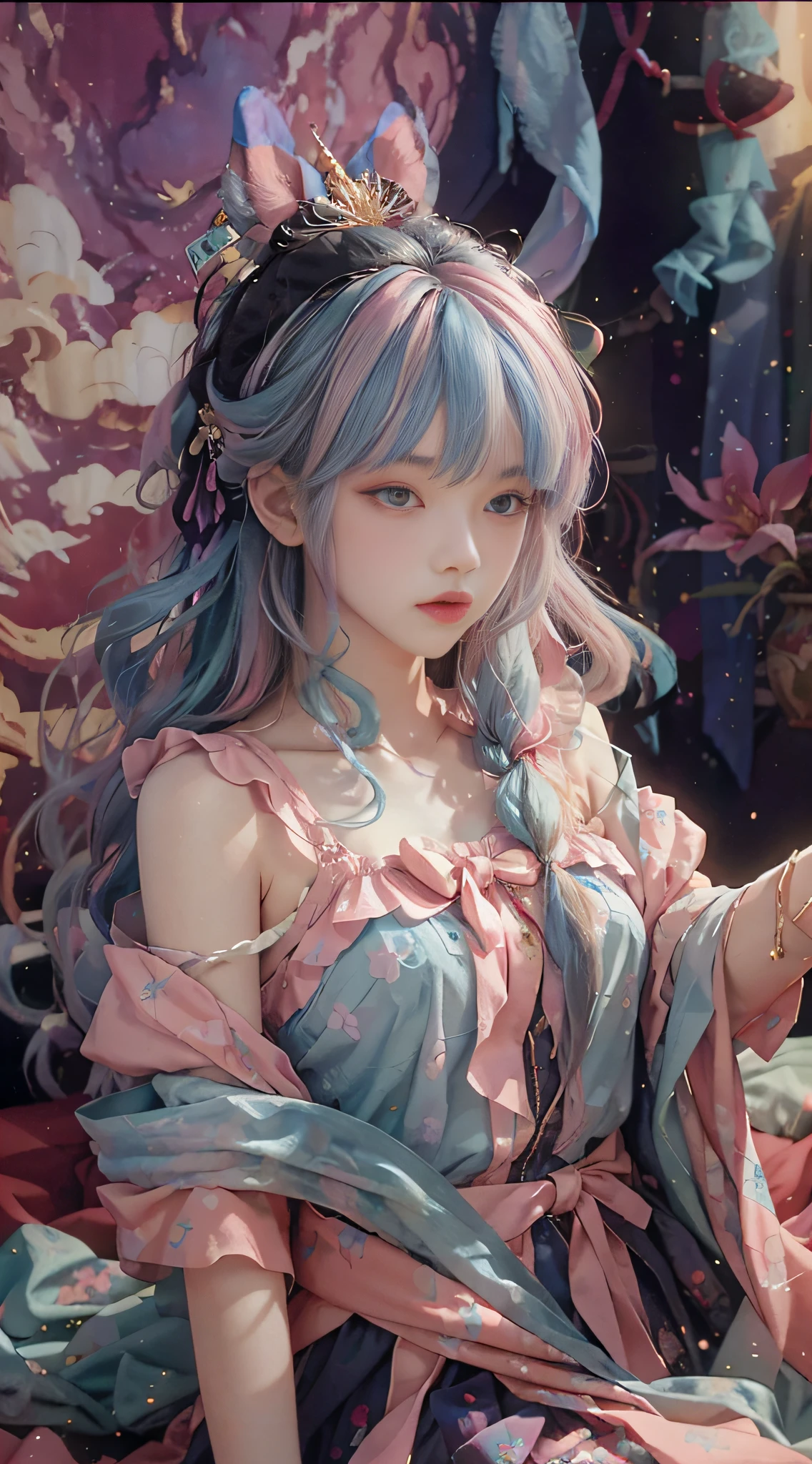 Yumekawa, dreamily cute, pale, moya, (masterpiece, highest quality, highest quality, watercolor (medium), official art, beautiful and aesthetic: 1.2), (two beautiful girls: 1.3), upper body, flirting, lesbian, ta fashion, lolilooking viewer, pattern, (iridescent hair, colorful hair, half blue and half pink hair: 1.2), soap bubbles, rainbow behind, clouds, colorful, soap bubbles, hair spread all over, cute, pastel, big ribbon, cute room, rainbow color unicorn plushie, sleeping on bed