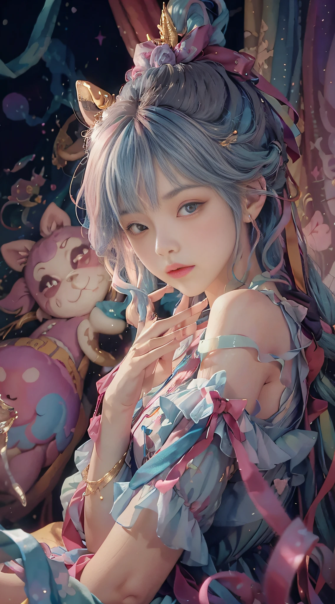 Yumekawa, dreamily cute, pale, moya, (masterpiece, highest quality, highest quality, watercolor (medium), official art, beautiful and aesthetic: 1.2), (two beautiful girls: 1.3), upper body, flirting, lesbian, lolita fashion, lolita, looking viewer, pattern, (iridescent hair, colorful hair, half blue and half pink hair: 1.2), soap bubbles, rainbow behind, clouds, colorful, soap bubbles, hair spread all over, cute, pastel, big ribbon, cute room, rainbow color unicorn plushie, sleeping on bed