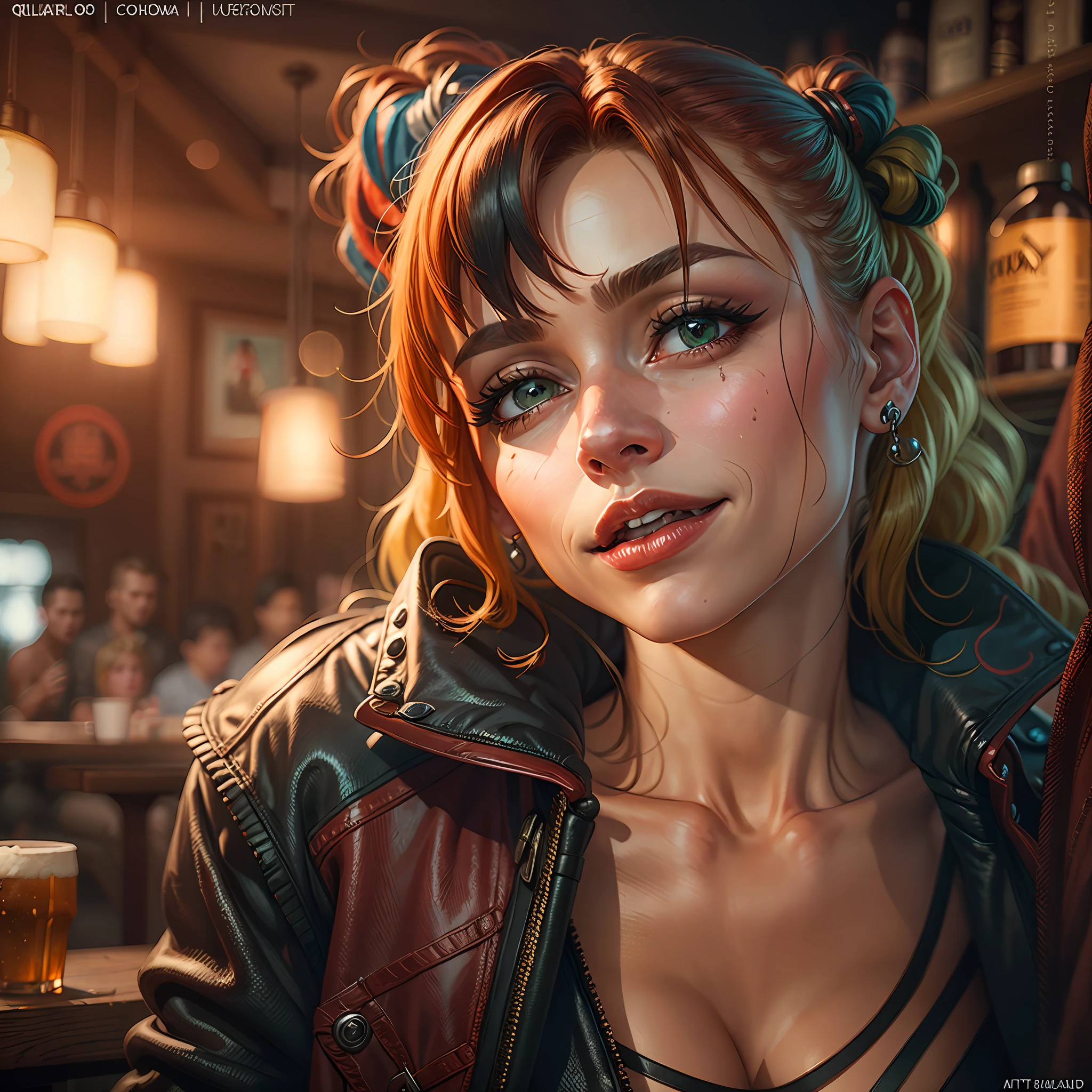 beautiful Harley Quin in a Irish pub, air above hair, wearing detailed Harley quin cloths, IPA award wining, masterpiece, ultimate lighting, art by top 5 artstation artists, ultrasharp focus, ultra high contrast, best postprocessing, artistic filters