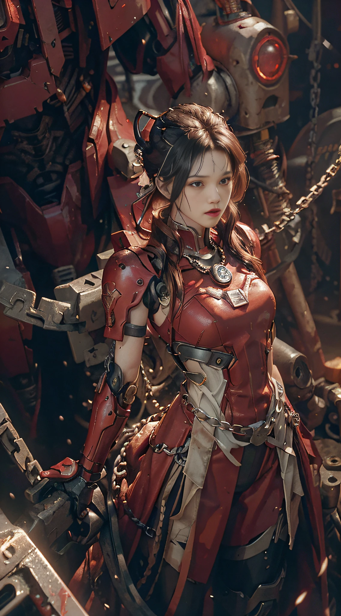 Dark_Fantasy,Cyberpunk,(chain saw,chain saw man,Red:1.1),1man,Mechanical marvel,Robotic presence,Cybernetic guardian, wearing a worn-out mech suit, intricate, (steel metal [rusty]), elegant, clear focus, shot by greg rutkowski, soft lighting, vibrant colors, masterpiece, ((street)), cowboy shot, dynamic pose,