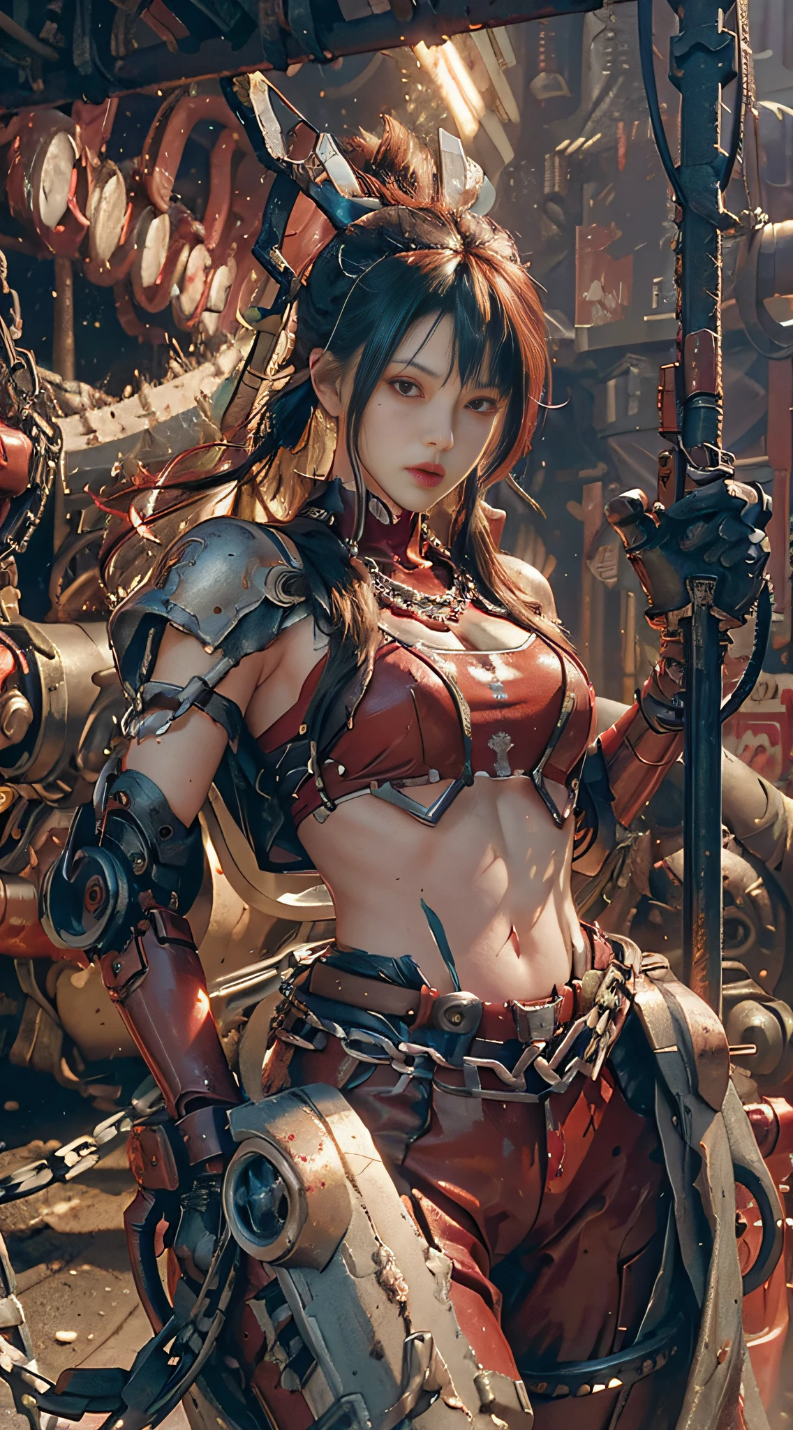 Dark_Fantasy,Cyberpunk,(chain saw,chain saw man,Red:1.1),1man,Mechanical marvel,Robotic presence,Cybernetic guardian, wearing a worn-out mech suit, intricate, (steel metal [rusty]), elegant, clear focus, shot by greg rutkowski, soft lighting, vibrant colors, masterpiece, ((street)), cowboy shot, dynamic pose,