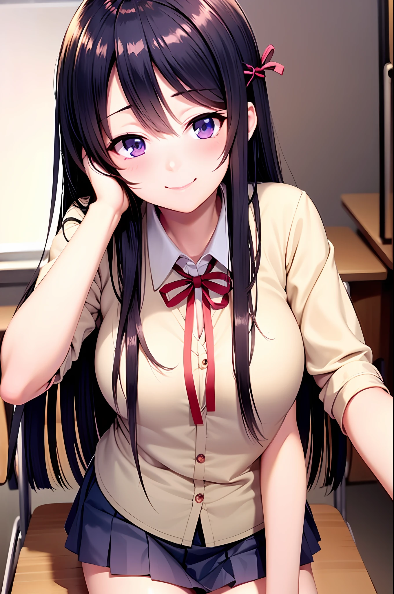 school uniform, medium breasts, best quality, long hair, red ribbon hair, masterpiece, highlight, best quality, blush, shy smile, sexy pose, interior, chair, classroom, window, pleated skirt, stockings