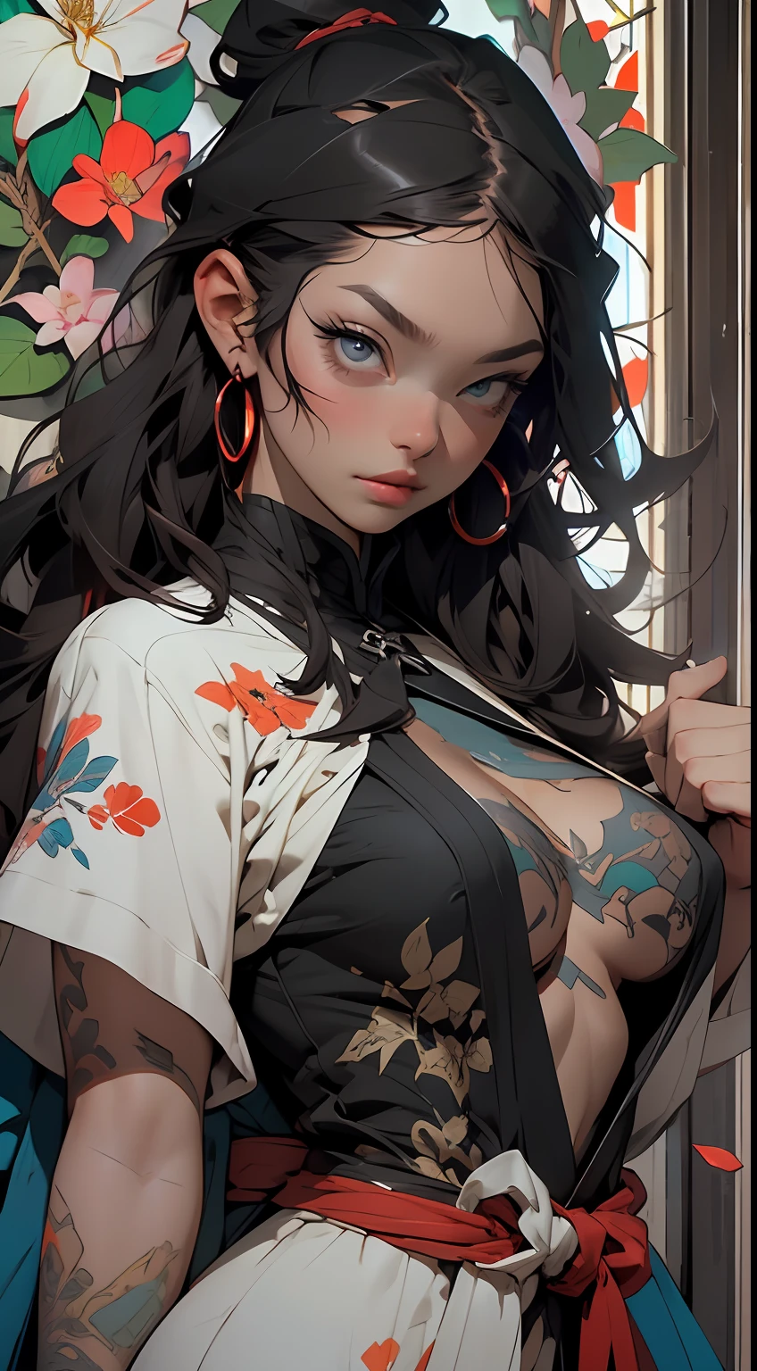 background, mixed-language_text, Japanese graffiti letters, beautiful woman, long black hair,::((best quality)), ((masterpiece)), (very detailed:1.3)(masterpiece:1.2, best quality), (finely detailed beautiful eyes: 1.2), (masterpiece:1.2, best quality), (finely detailed beautiful eyes: 1.2), ::mike s. miller and yoji shinkawa style::2.0 comix illustration style,tatoon style ,ashley alexiss ,beautiful woman with ultra detailed long hair,  (beautiful and clear background:1.2),, fantastic paintings, graffit style, flowers, highly detailed eyes, a white t-shirt or dress with jaeans and white blouse underneath, with both cuffs in fighting position, and bracelets, fighting an enemy, with long black hair, stained glass color, tongue slightly out, vibrant, alphonse mucha style, fantastic paintings by jason fabok,  high quality, --air 3:4 --upbeta --test --creative --upbeta --upbeta --upbeta --upbeta, masterpiece, best quality, high quality, extremely detailed cg unit 8k wallpaper, scenery, award-winning photography, hdr, extremely detailed, trend in artstation, trend in cgsociety, intricate,