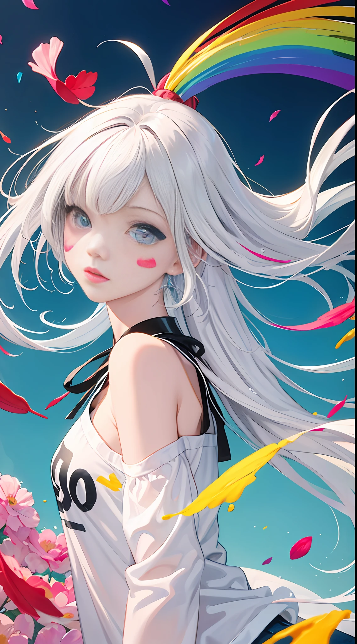 (Pink fashion T-shirt: 1.9), (Colorful hair: 1.8), (Rainbow all colors: 1.8), (((Vertical painting: 1.6))), (Painting: 1.6), Front, manga, illustration, painting, big eyes, crystal clear, (rainbow gradient high ponytail: 1.7), delicate makeup, shut up, (small freshness: 1.5), (bandeau: 1.6), long eyelashes, white off-the-shoulder T- shirt, White Shoulder Shirt, looking at the audience, Big watery eyes, (rainbow hair: 1.6), color splash, (solo:1.8), color splash, color explosion, colour splash, color explosion, thick lacquer style, messy lines, ((shining)), (colorful), (colorful), (colorful), colorful, Thick Paint Style, (Splash) (Color Splash), Vertical Painting, Upper Body, Paint Splash, Acrylic Pigment, Gradient, Paint, Highest Image Quality, Masterpiece, Solo, Depth of Field, Face Paint, colorful clothes, (elegance: 1.2), gorgeous, long hair, wind, (elegance: 1.3), (petals: 1.4), ((masterpiece))), ((best quality))), (ultra-detailed), (illustration), (dynamic angle), (floating), (paint), ((loose hair)), (solo), (1girl), ( ( ( detailed anima face))), (( Beautiful detailed face)), collar, bare shoulders, white hair, ((colored hair)), ((striped hair)), beautiful detailed eyes, (gradient eyes), (colored eyes))), (colored background))), ((high saturation))), ((surrounded by colored splashes))