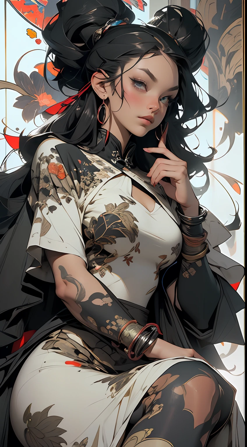 background, mixed-language_text, Japanese graffiti letters, beautiful woman, long black hair,::((best quality)), ((masterpiece)), (very detailed:1.3)(masterpiece:1.2, best quality), (finely detailed beautiful eyes: 1.2), (masterpiece:1.2, best quality), (finely detailed beautiful eyes: 1.2), ::mike s. miller and yoji shinkawa style::2.0 comix illustration style,tatoon style ,ashley alexiss ,beautiful woman with ultra detailed long hair, (beautiful and clear background:1.2),, fantastic paintings, graffit style, flowers, highly detailed eyes, a white t-shirt or dress with jaeans and white blouse underneath, with both cuffs in fighting position, and bracelets, fighting an enemy, with long black hair, stained glass color, tongue slightly out, vibrant, alphonse mucha style, fantastic paintings by jason fabok, high quality, --air 3:4 --upbeta --test --creative --upbeta --upbeta --upbeta --upbeta, masterpiece, best quality, high quality, extremely detailed cg unit 8k wallpaper, scenery, award-winning photography, hdr, extremely detailed, trend in artstation, trend in cgsociety, intricate,
