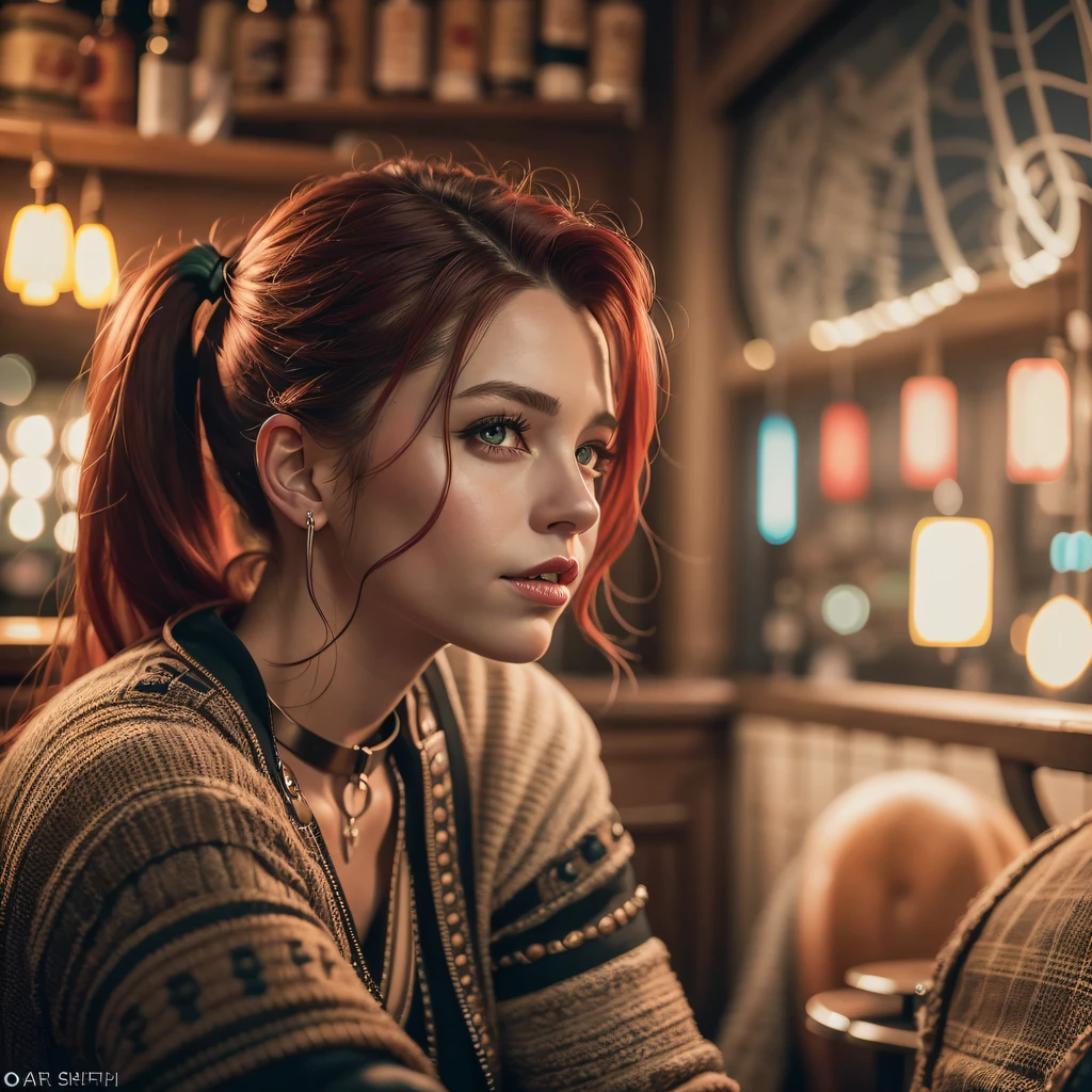 beautiful Harley Quin in a Irish pub, air above hair, wearing detailed Harley quin cloths, IPA award wining, masterpiece, ultimate lighting, art by top 5 artstation artists, ultrasharp focus, ultra high contrast, best postprocessing, artistic filters