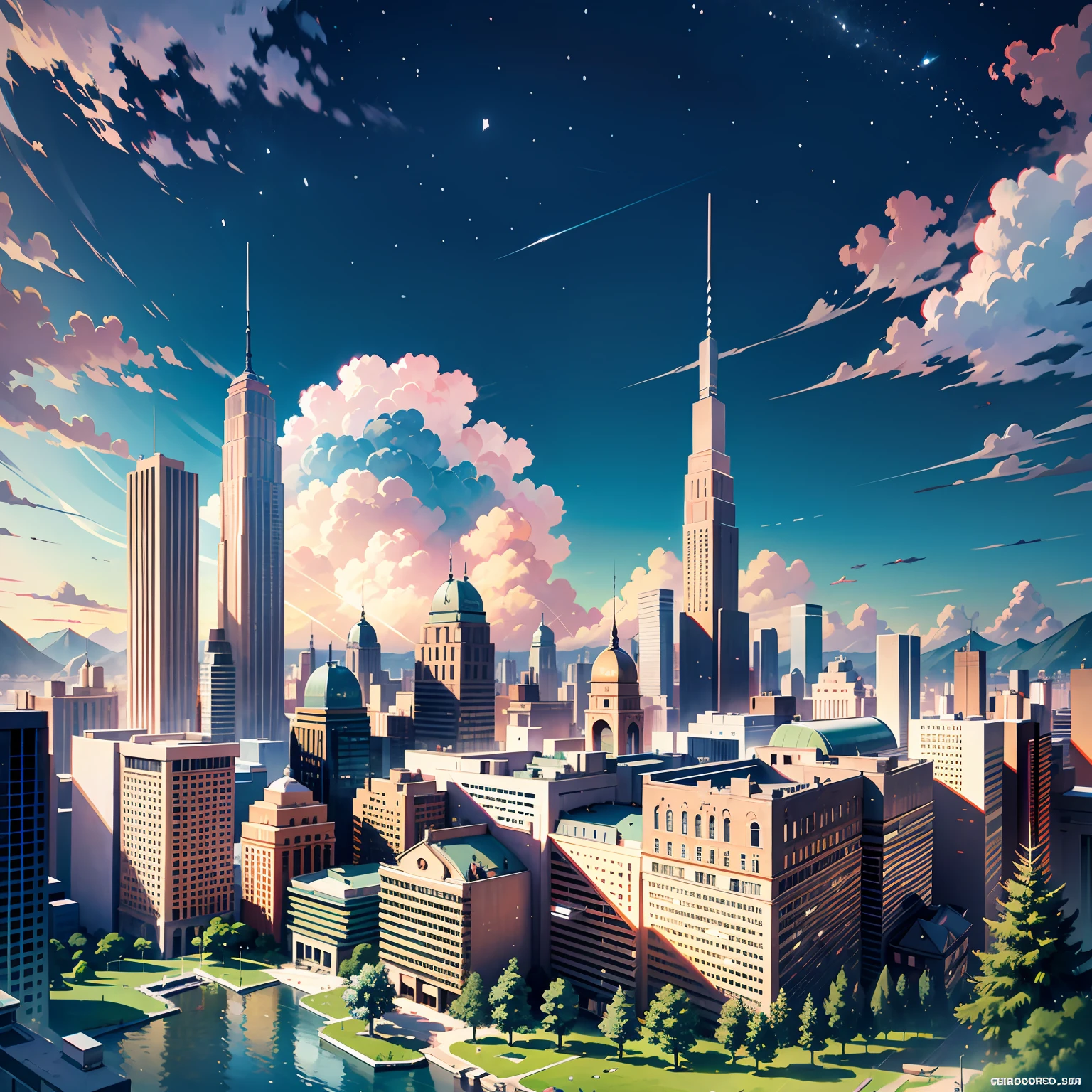 fractal landscape in depero style magritte style guttuso style correggio style clouds and birds in the sky mountain and rivers, skycrapers --auto
